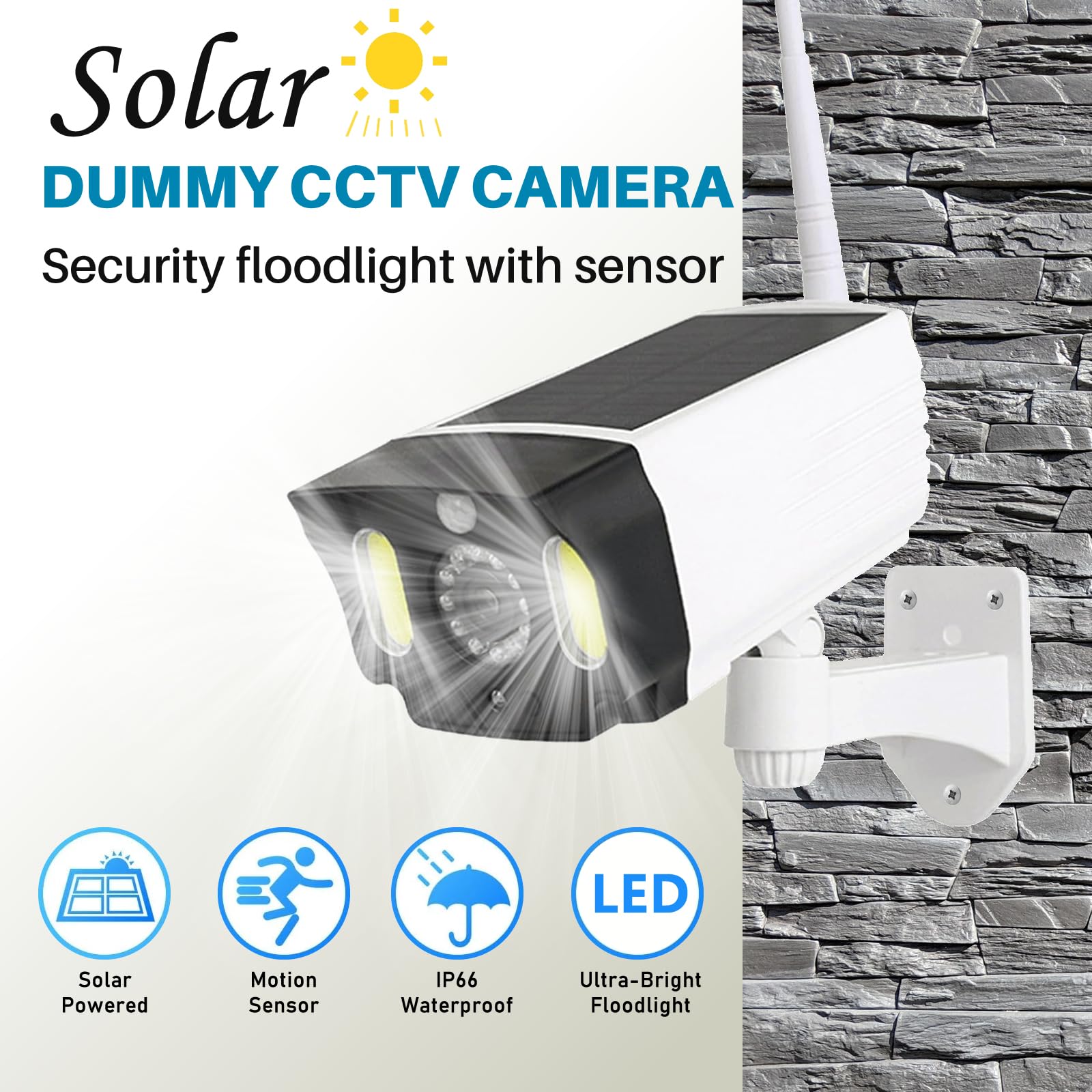 JUSTOP Cámara CCTV falsa, funciona con energía solar, luces LED de seguridad con sensor de movimiento PIR, impermeable para uso en exteriores, color blanco