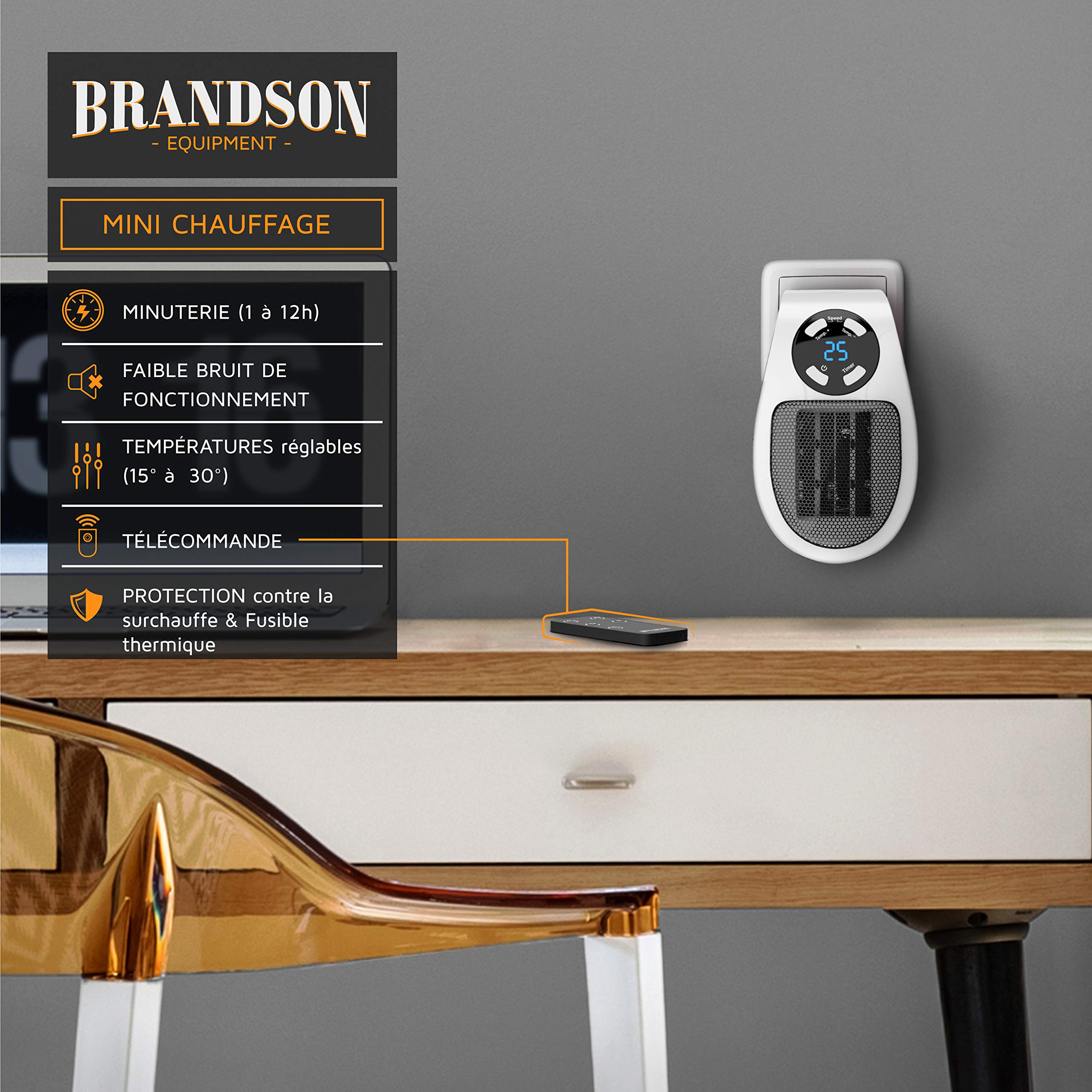 Brandson - Mini chauffage soufflant céramique 500W - Mini radiateur soufflant avec télécommande - Minuterie 1 à 12h - Thermostat 15° à 30° - fiche électrique pivotante à 90° - salle de bain, bureau