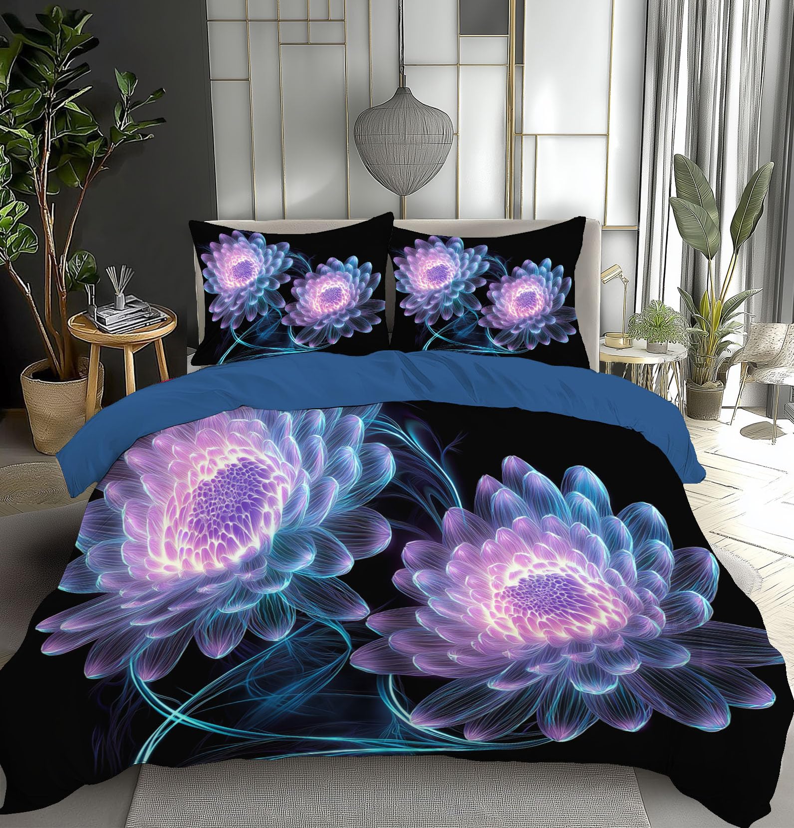 Housse de couette 240x260cm lueur chrysanthème noir pour un lit apaisant