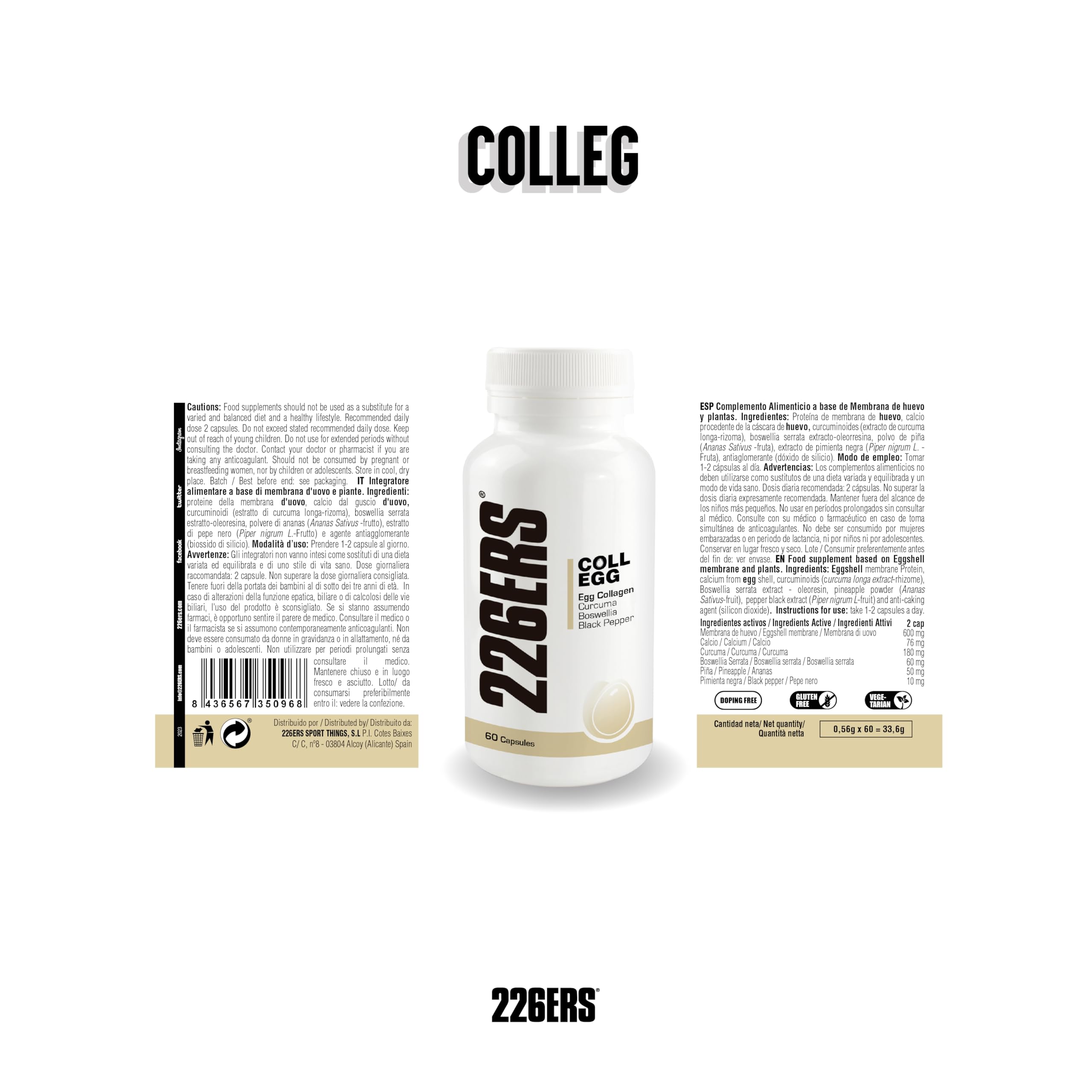 Coll-egg Suplemento a Base de Membrana de Huevo y Plantas - 60 Cápsulas - para Cuidado, Recuperación y Mantenimiento de Articulaciones, Músculos, Huesos y Piel - Complemento Alimenticio Vegetariano