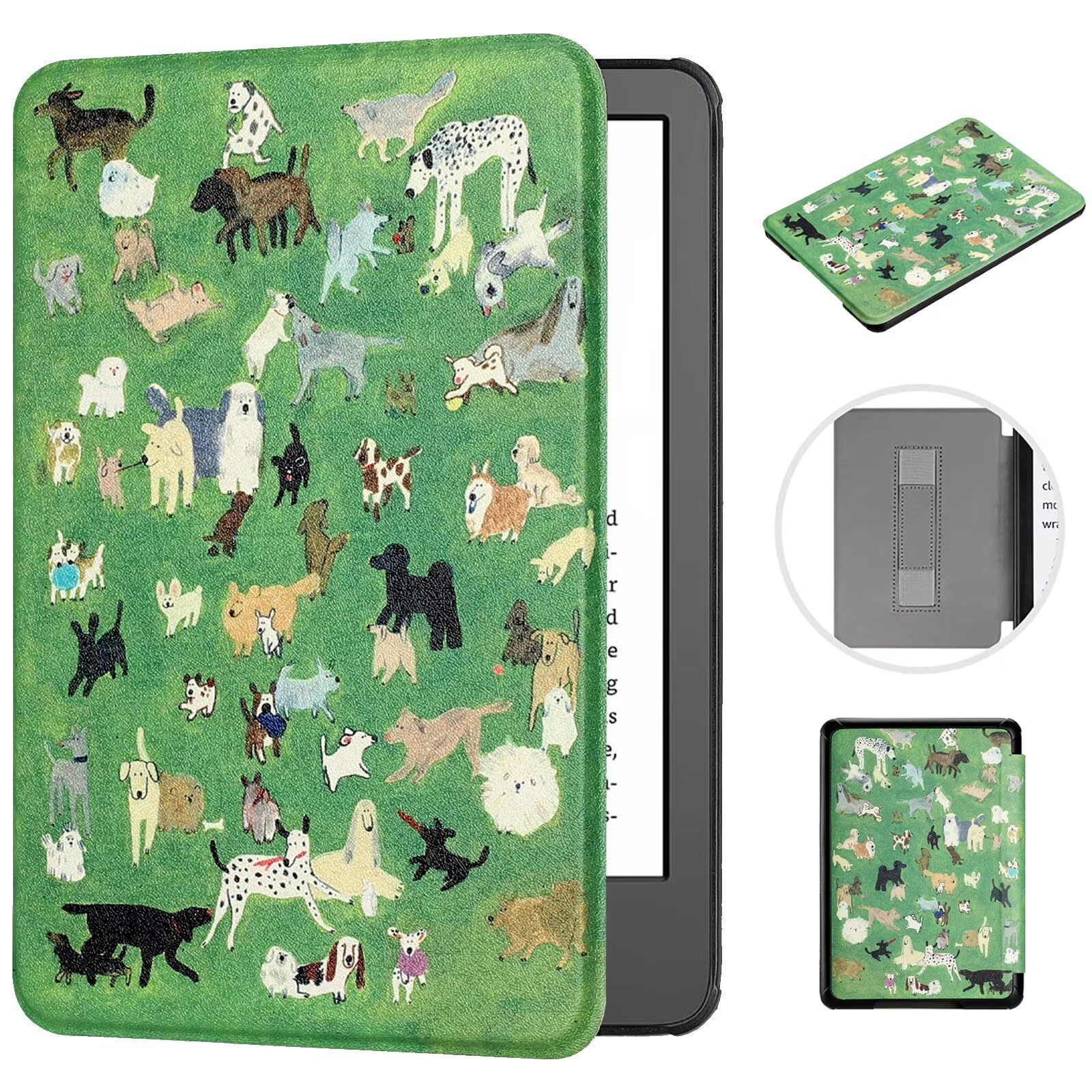 MOKASE Etui Fit for 6" Kindle Paperwhite 5/6/7. Generacji 2012,2013,2015,2016 (Model: EY21 / DP75SDI), Syntetyczna Skóra Twarde Okładki z Paskiem na Rękę dla Kindle Paperwhite 6 cali, Meadow Dogs
