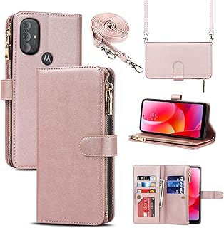 Jaorty Case for Motorola Moto G Pure (2021)/ Moto G Power (2022)/ Moto G Play (2023) Wallet Case,[9 Card Slots] Removable Adjustable Crossbody Necklace Lanyard Shoulder Strap Zipper Case 6.5