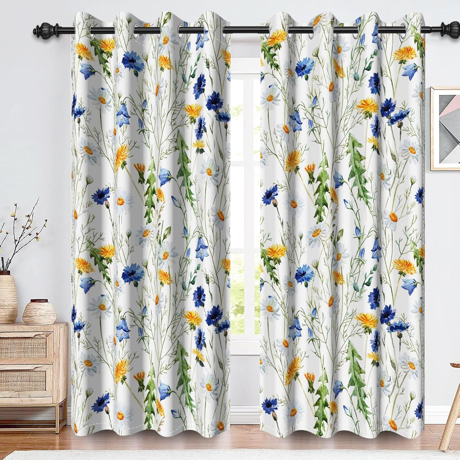 Renaiss Floral Blackout Curtains for Bedroom Spring Nature Wildflowers Plants Window Curtain Daisies Florals Leaves Thermal Insulated Drapes for Living Room Decor 2 Panels Set, 42x63 Inch