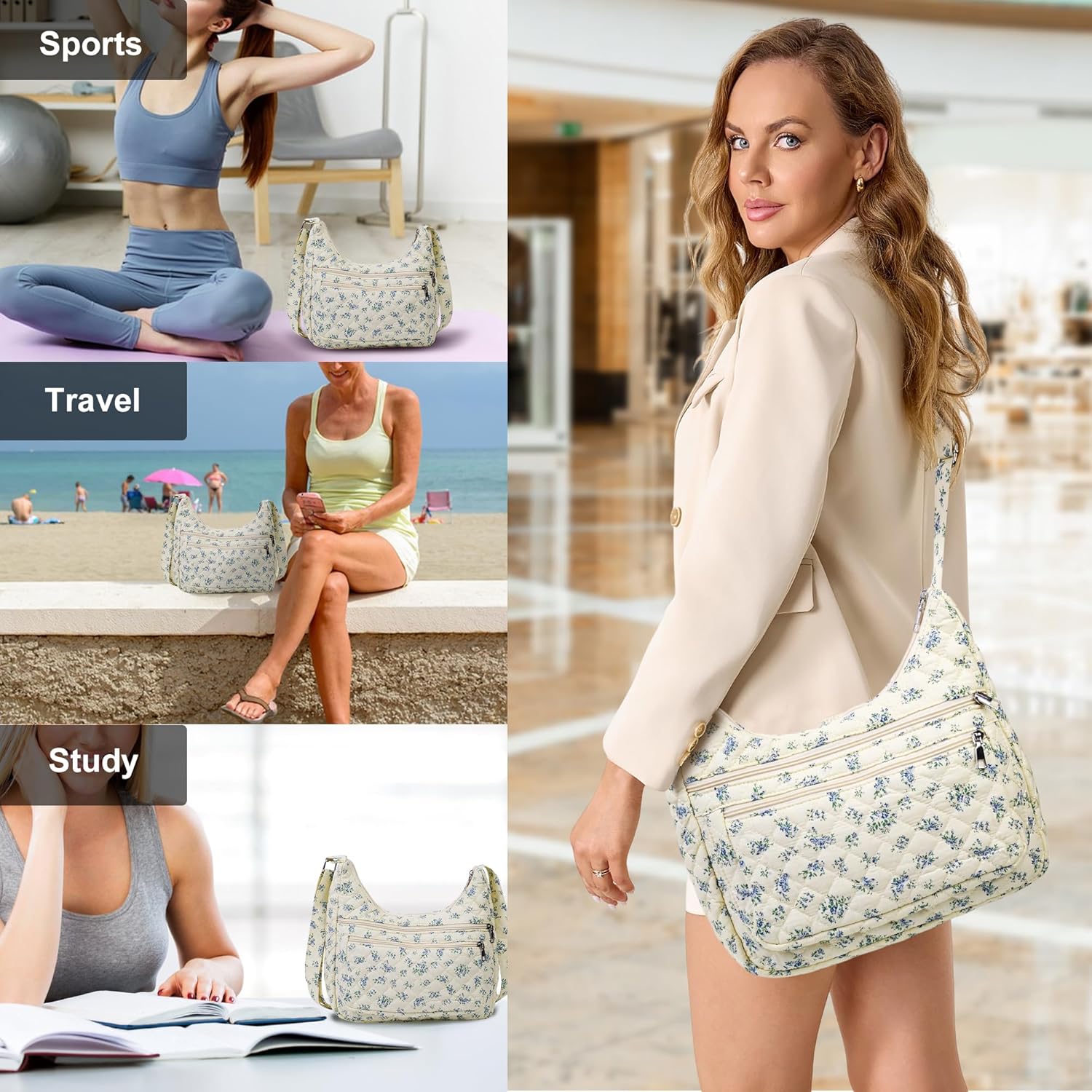 2-Piece Set Women's Small Floral Quilted Crossbody Bag and Tote, Multi-Pocket Shoulder Handbags for Everyday Use, Travel - Image 2