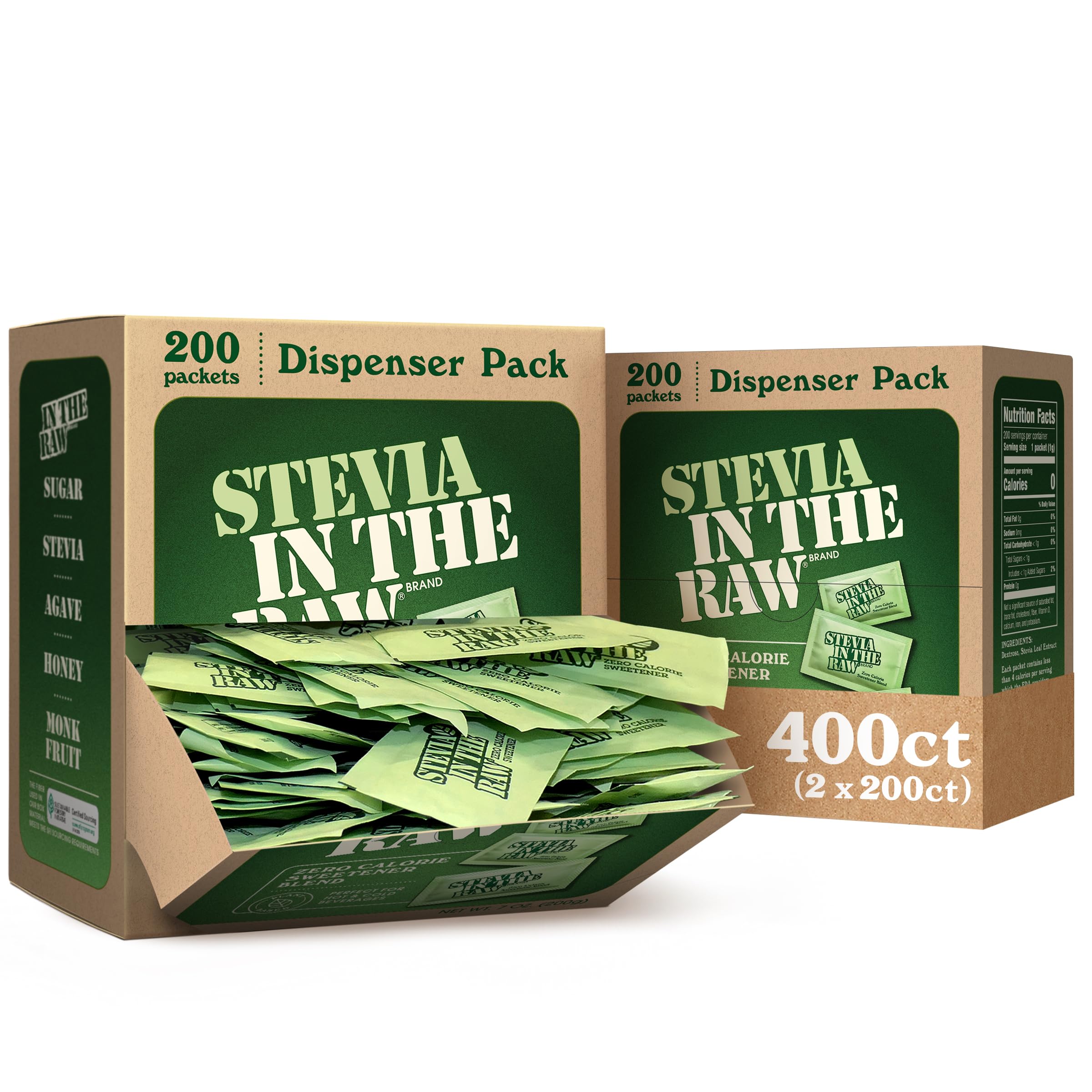Stevia Sweetener Packets, 200 Ct Box, 2 Pack, Zero Calorie Stevia Sugar Substitute Powder Packets, No Erythritol or Artificial Flavors, Vegan, Gluten Free, Kosher, Low Glycemic Index