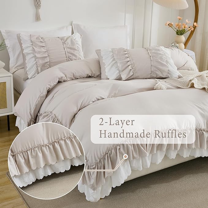 Herside Beige Boho Comforter Queen Size,Shabby Chic Ruffle Bedding Set,2 Layers Ruffles Fluffy Vintage Comforter Home Decor,Farmhouse 3 Pcs Microfiber Lightweight Quilt Set for Women Girls