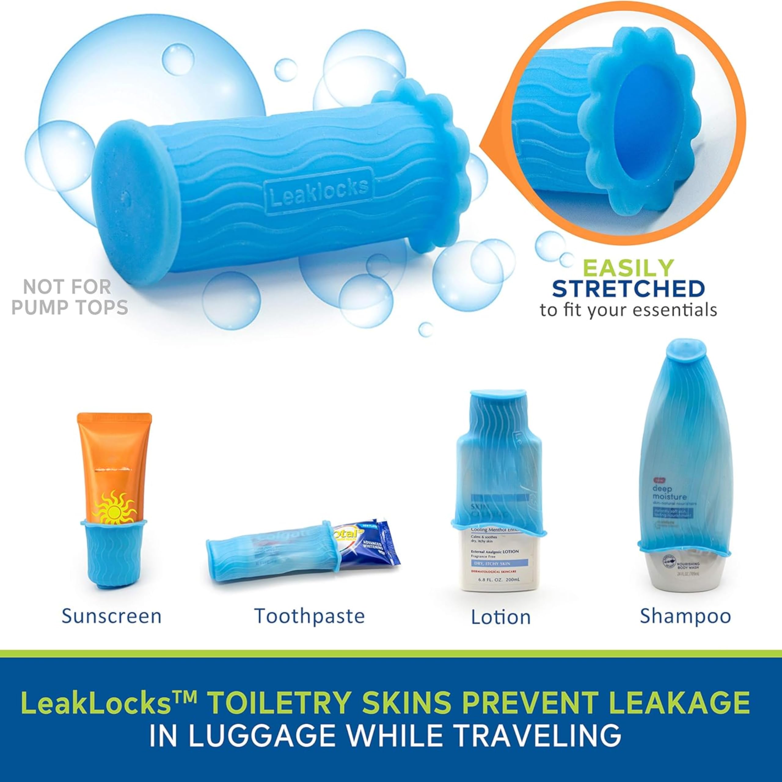 Toiletry Skins™ elastyczny rękaw do szczelnego pojemnika podróżnego w bagażu. Do standardowych i podróżnych przyborów toaletowych. Akcesoria wielokrotnego użytku do torby podróżnej, walizki