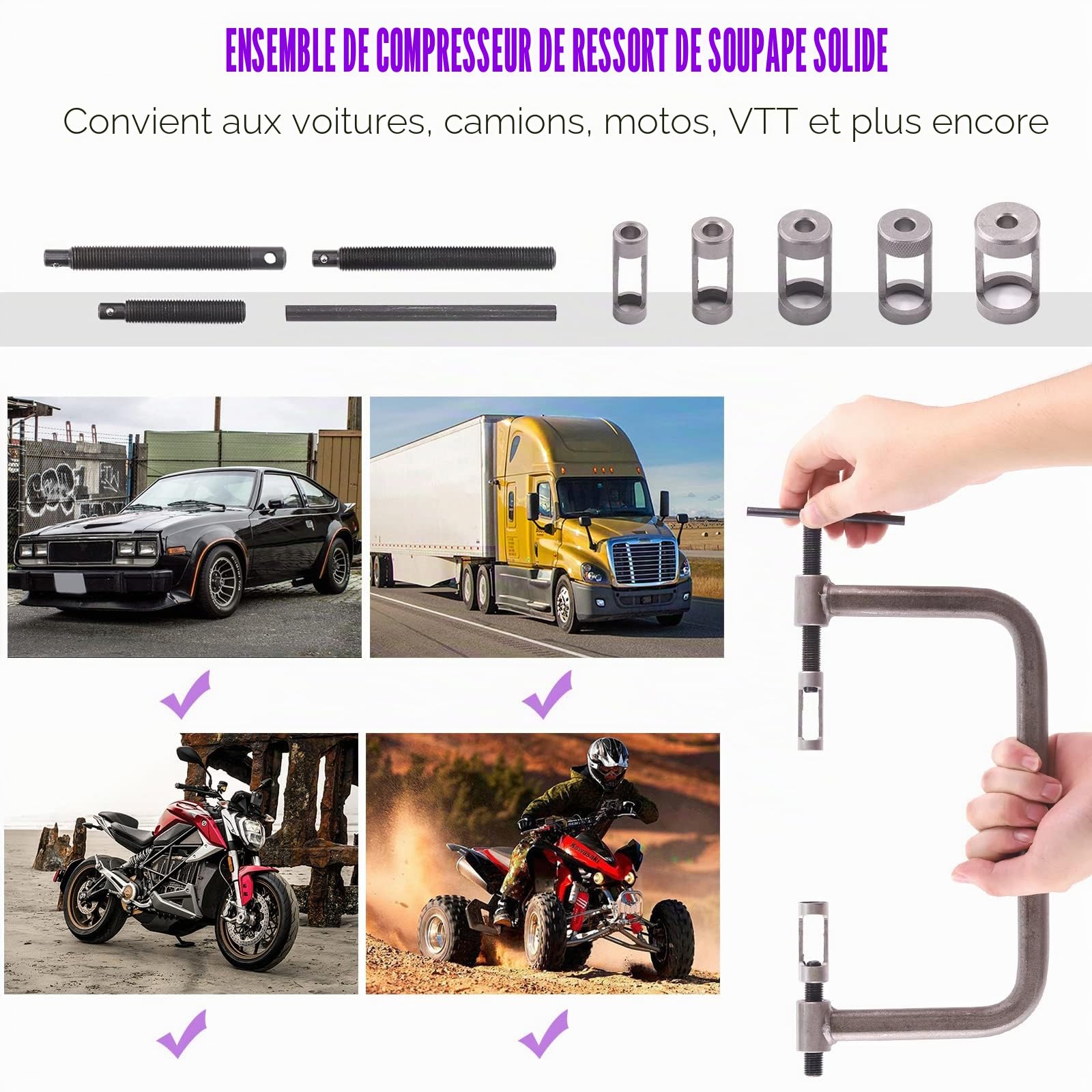 Swpeet Kit d'assortiment de 13 outils compresseurs de ressort de soupape, comprenant 5 adaptateurs poussoirs, vis d'extension, ensemble de rodoir de soupape et barre de compression pour moto, voiture