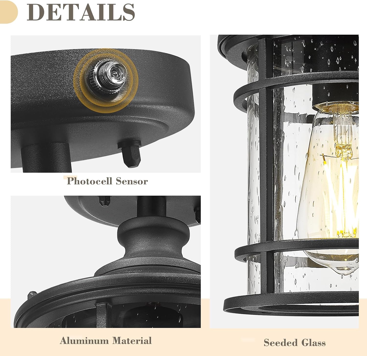 Emliviar Dusk to Dawn 10.2" Flush Mount Ceiling Light Fixture Black, Classic Outside Hallway Light Fixture Ceiling for Garage Entrance, Seeded Glass, XE229F-S PC BK
