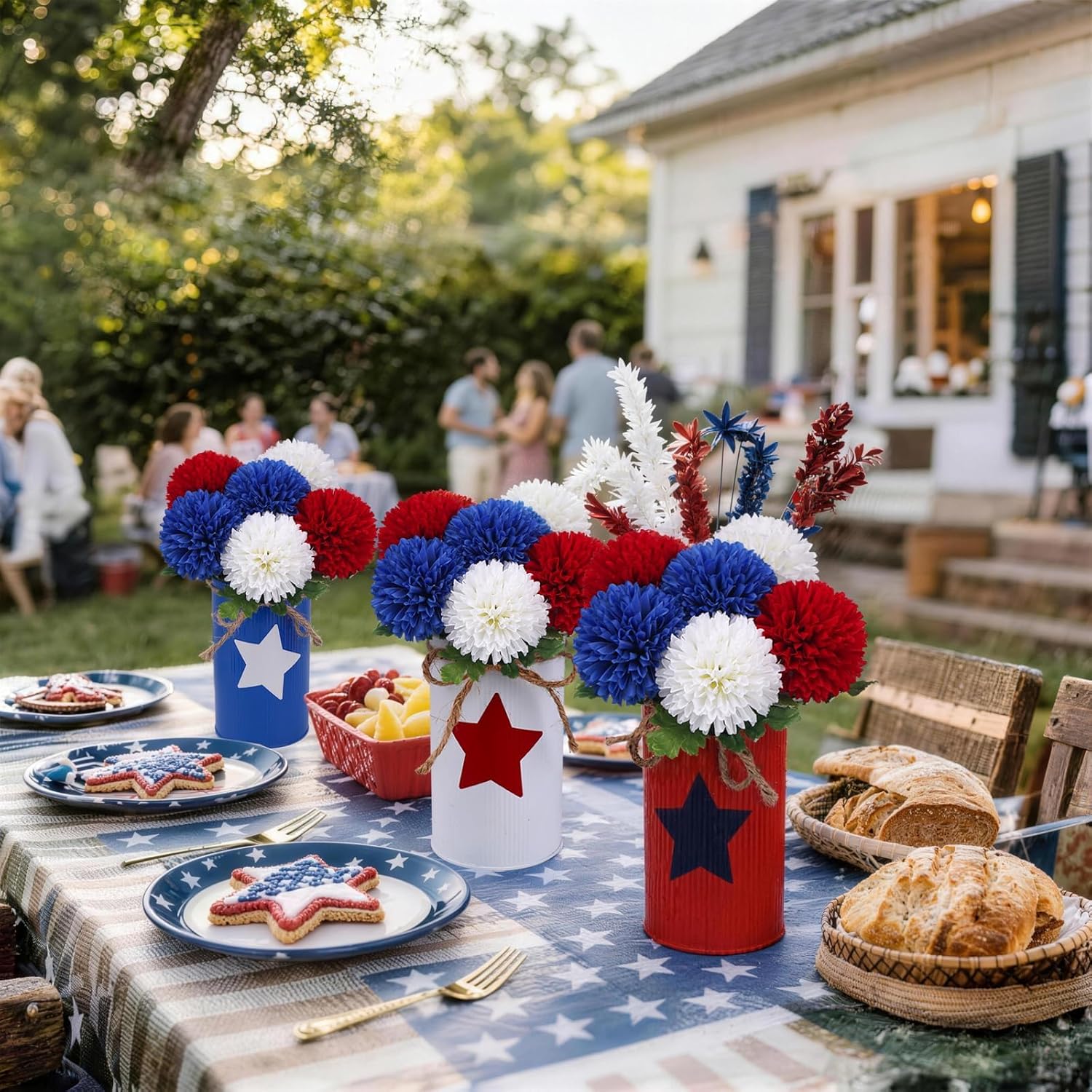 Zythrem 3 PCS Red White and Blue Artificial Chrysanthemu Flowers in Vase Patriotic Centerpieces for Tables 4th of July Table Centerpiece Decoration for Memorial Day Independence Day Office Home