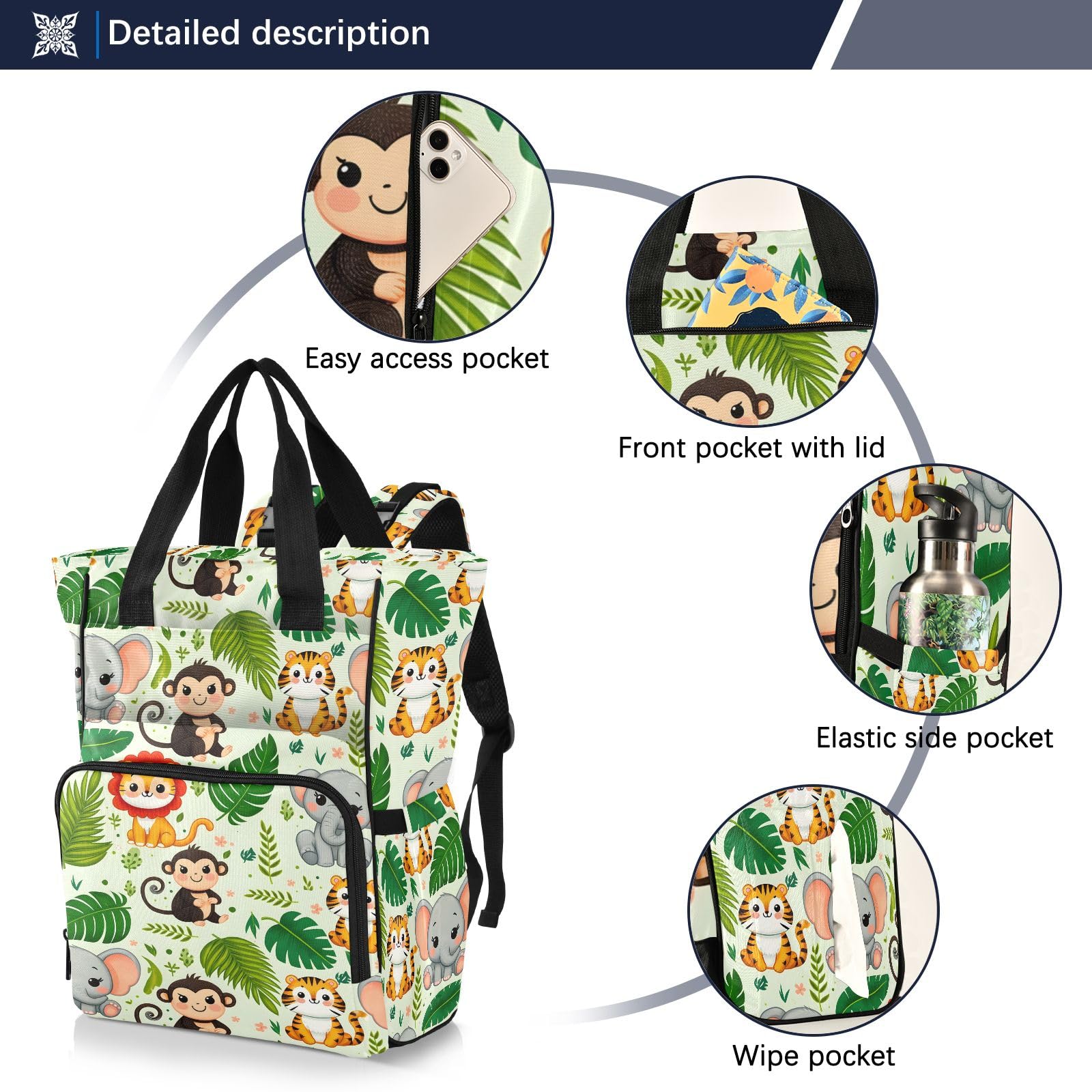 Mnsruu Simpatici animali della giungla con motivo a foglie di palma senza cuciture sfondo borsa per pannolini per bambini zaino grande borsa impermeabile da viaggio borse per pannolini per mamme e