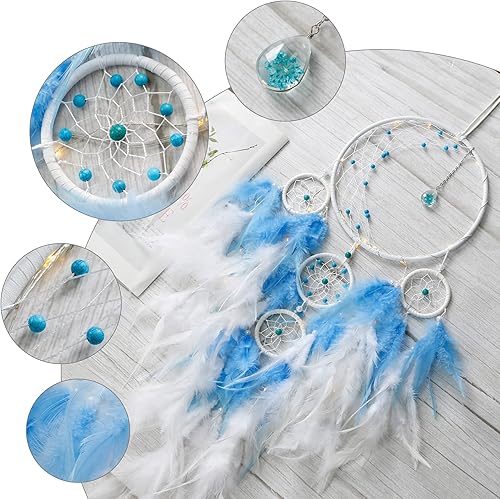Miniatura 3 de KHOYIME Atrapasueños con luz LED, decoración de luna de medio círculo con luces, atrapasueños de plumas hechas a mano para dormitorio, decoración