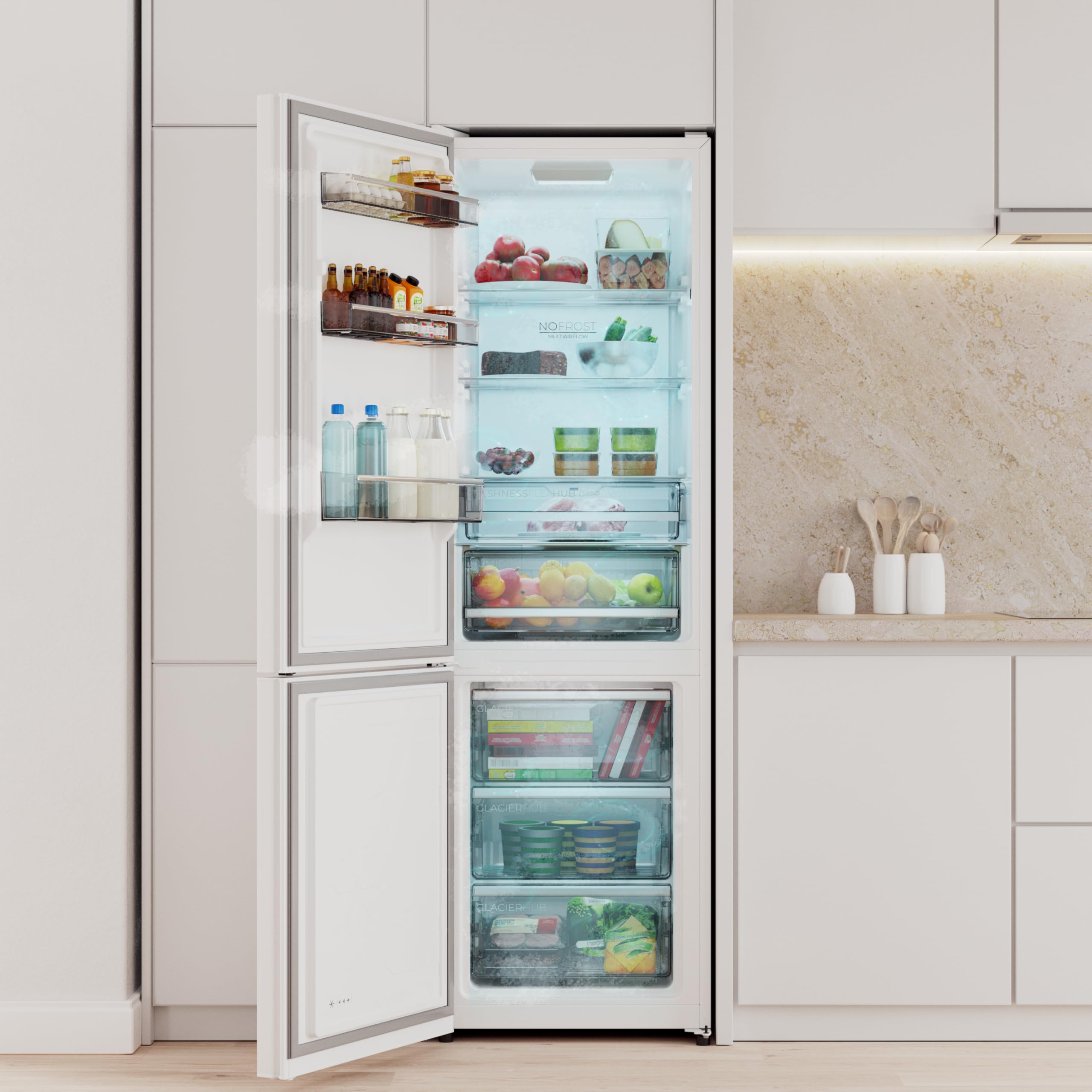Cecotec Réfrigérateur Combi 335L No Frost Bolero CoolMarket Combi White Glass 195,3cm 59,5cm Compresseur Inverter Plus
