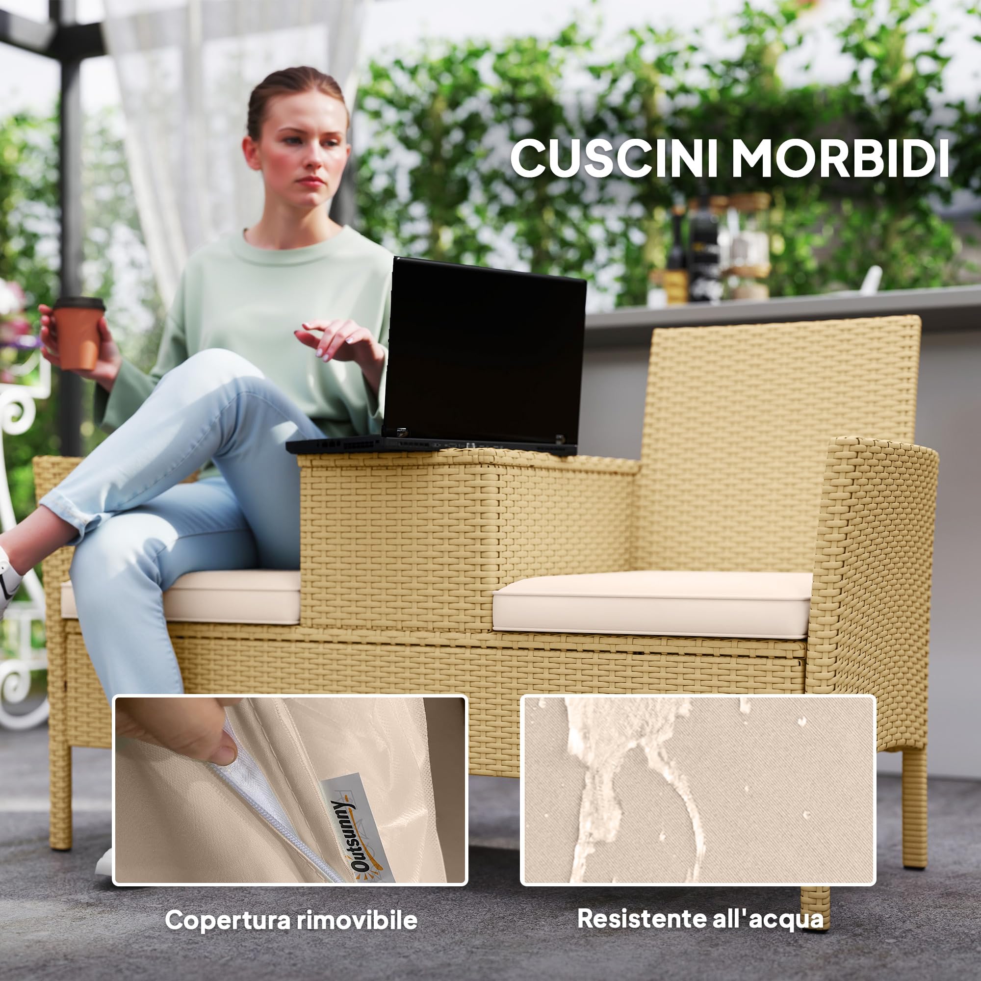 Outsunny Panchina da Giardino a 2 Posti in Rattan e Acciaio 134x58x82 cm | Panchina da Esterno con Cuscini, Tavolino a Ribalta con Spazio Portaoggetti Nascosto, Divano da Esterno, Crema e Cachi