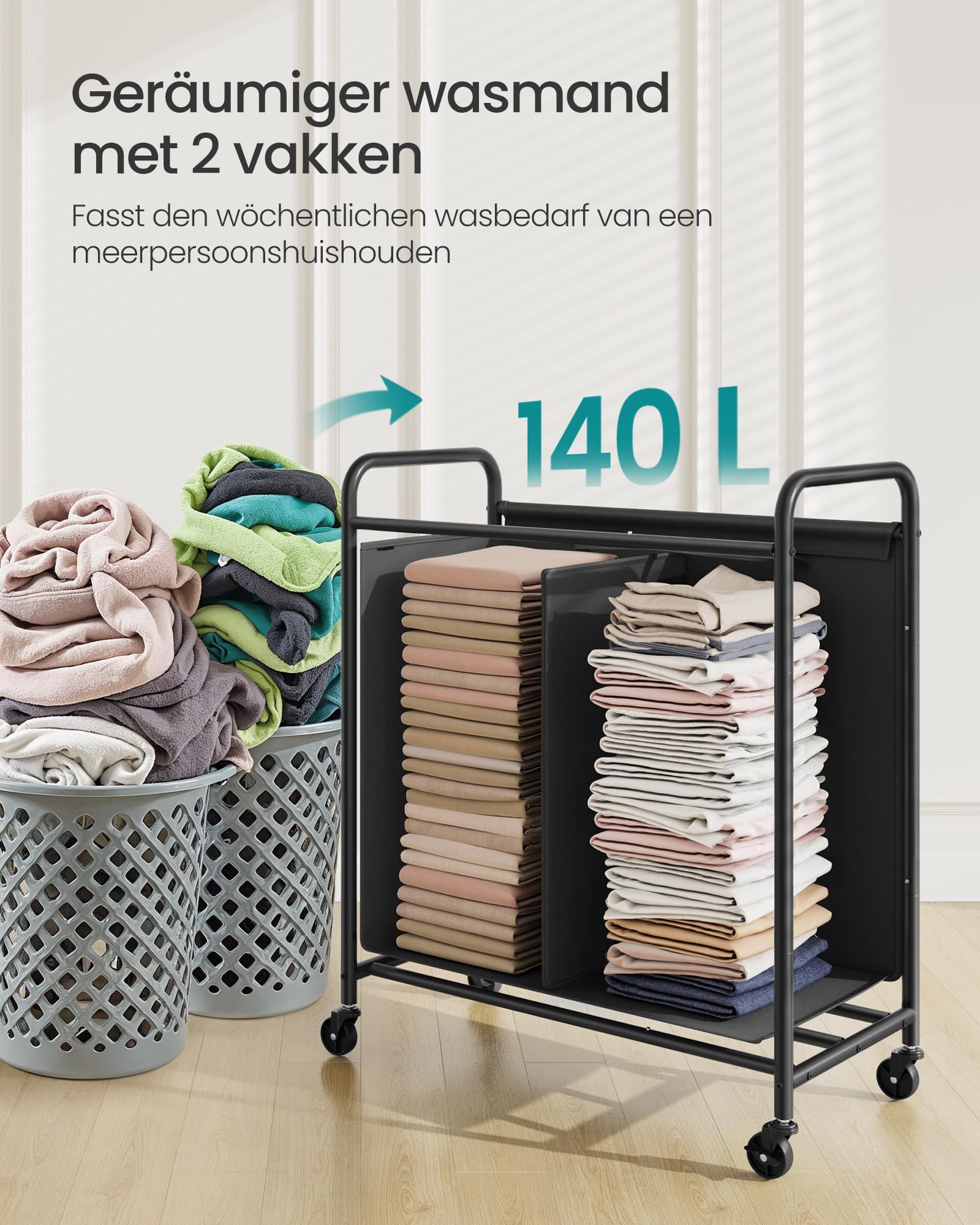 SONGMICS Rolwasmand, 2-compartimenten wasverzamelaar, 140 L wassorteerder, mobiele waswagen, 5 labels, voor wasruimte, slaapkamer, badkamer, inktzwart RLS210B01
