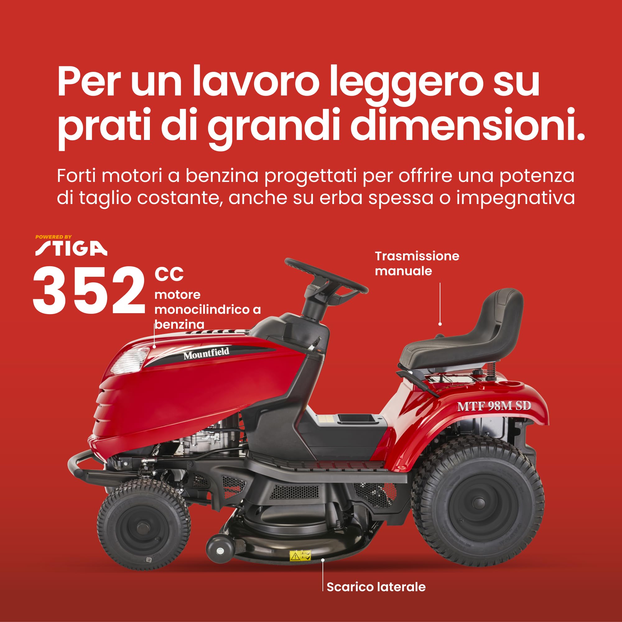 Mountfield Trattorino Da Giardino MTF 98M SD, 98 cm, 352 cc – Scarico Laterale, Kit Mulching E Gancio Traino Incl. – Prati Fino A 8.000 m²