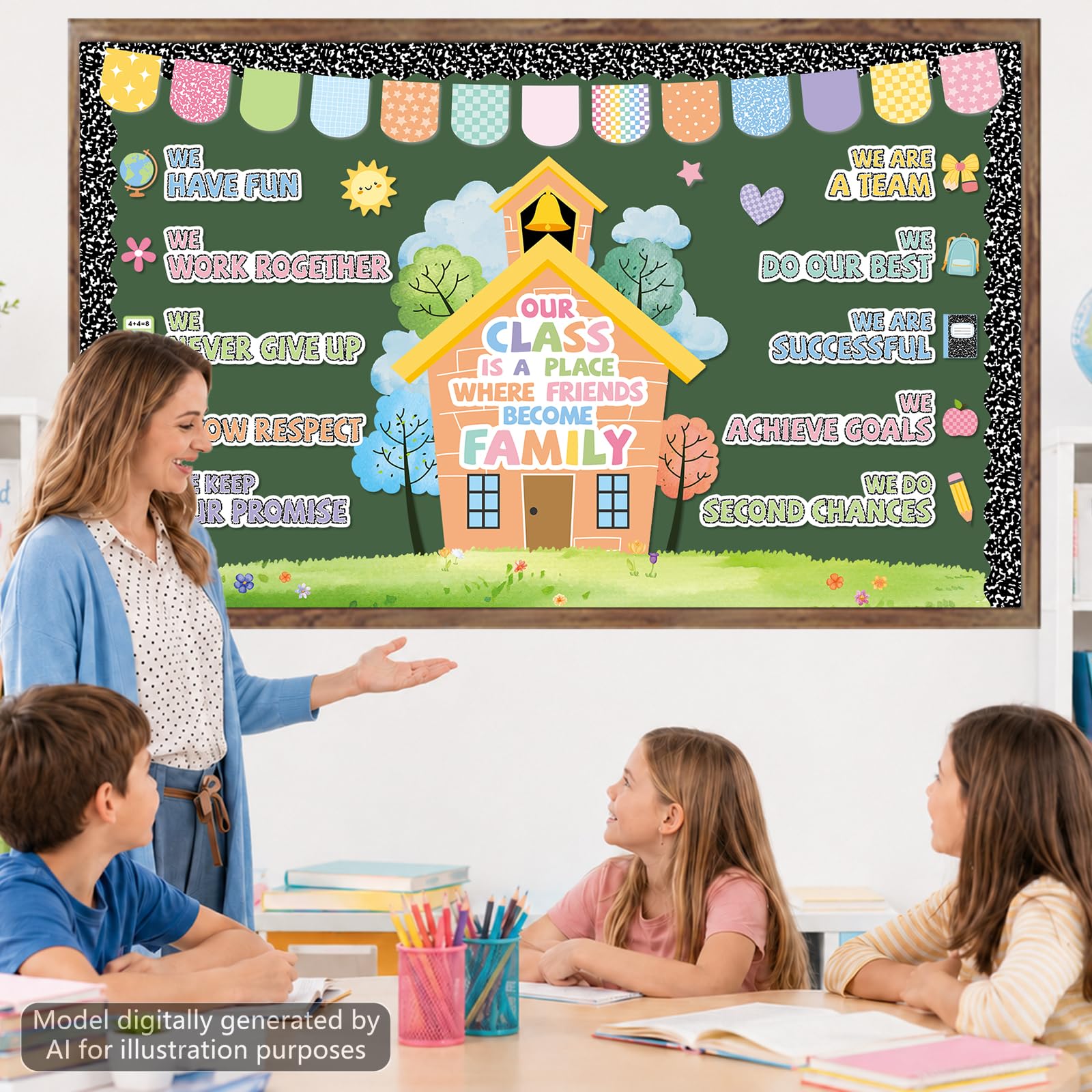 Tablero de anuncios motivacional para decoración de aula, composición Nuestra clase es una familia, tablón de anuncios de afirmación positiva, decoración de aula, recortes inspiradores para volver a