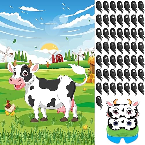 Pin The Tail on The Cow Game With 50 Pcs Tails Large Cow Games Poster for Kids Farm Birthday Party Supplies