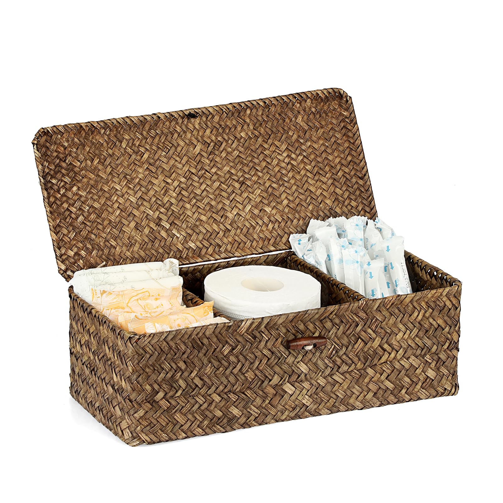 Panier de rangement en jonc de mer avec couvercle et 3 compartiments