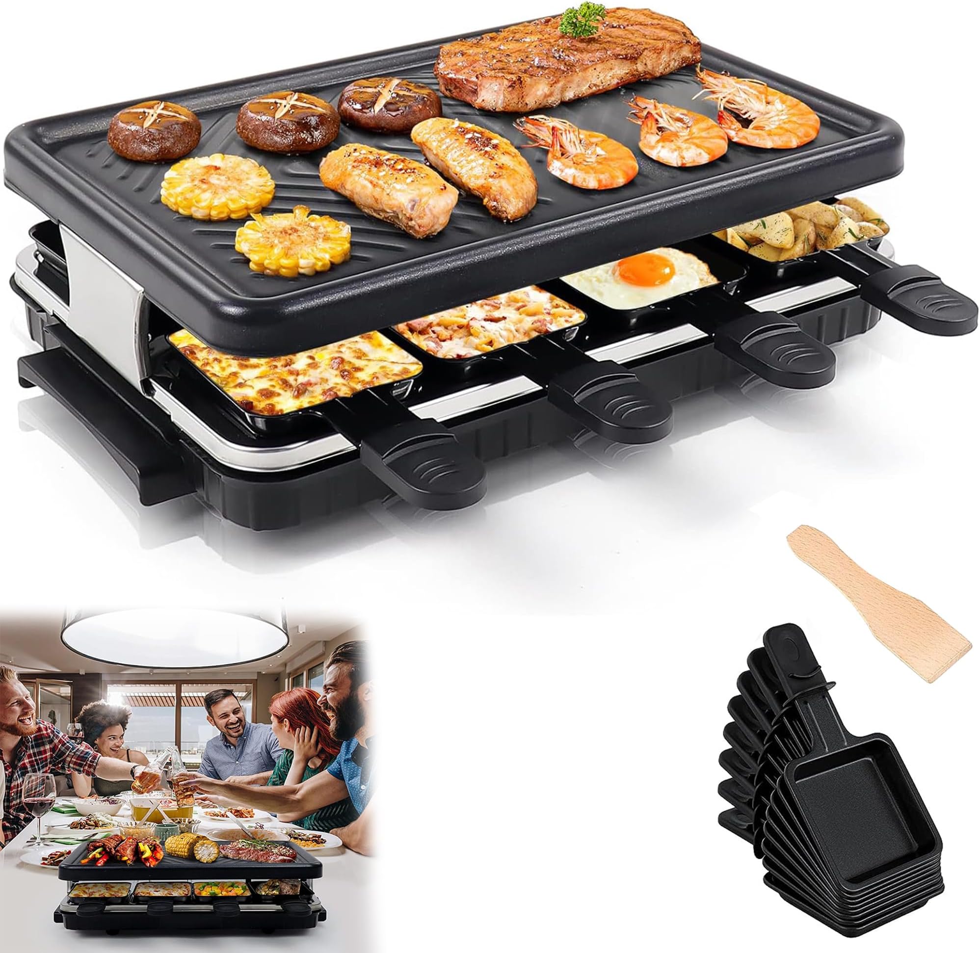 1300W Electric Grill - Korean Indoor Bbq Table, Portable And Smokeless Barbeque Raclette Griller, Non-Stick Griddle Plate, Temperature Control, 8 Cheese Maker Pans (Black)