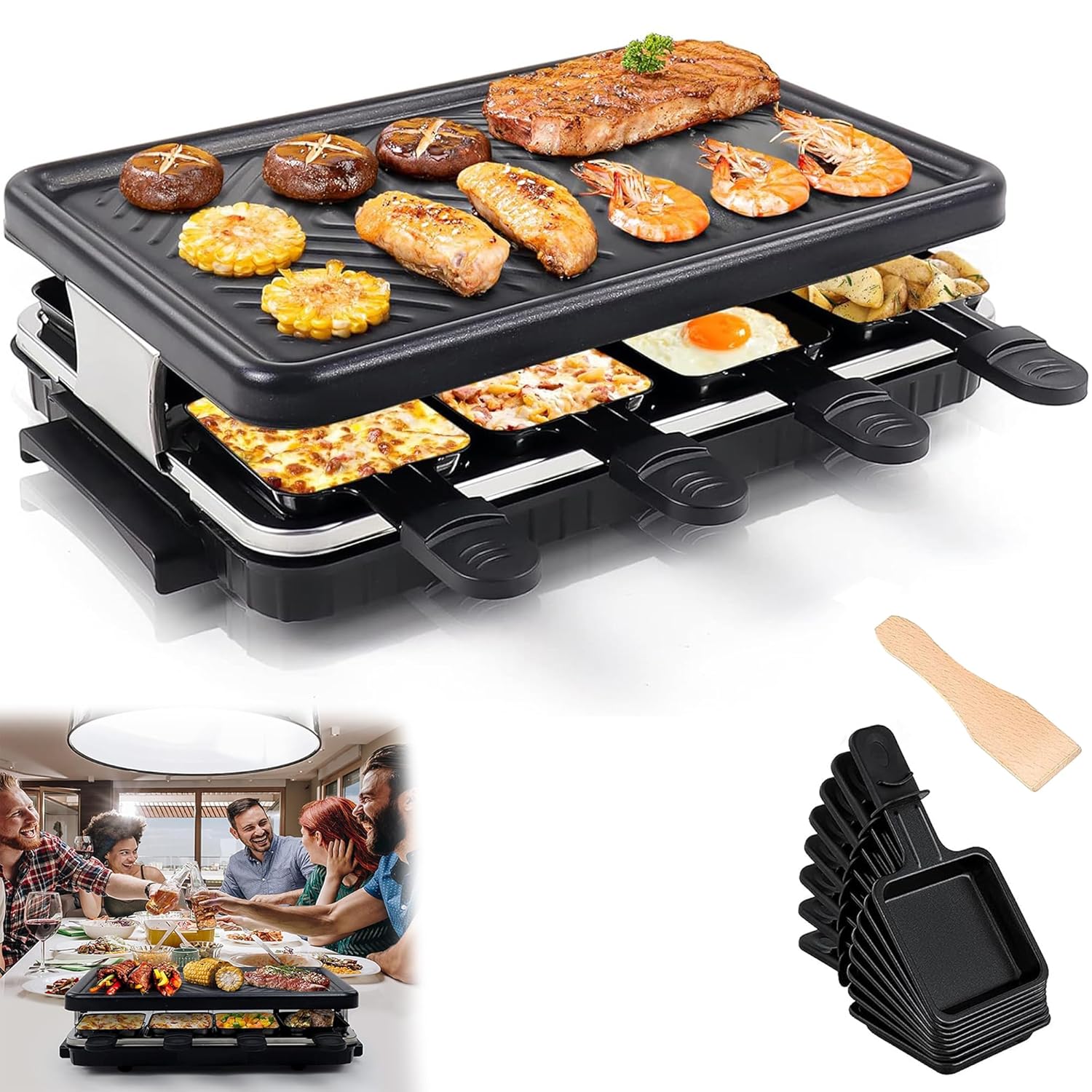 TAUDI 1300W Electric Grill – Korean Indoor Bbq Table, Portable And Smokeless Barbeque Raclette Griller, Non-Stick Griddle Plate, Temperature Control, 8 Cheese Maker Pans (Black)