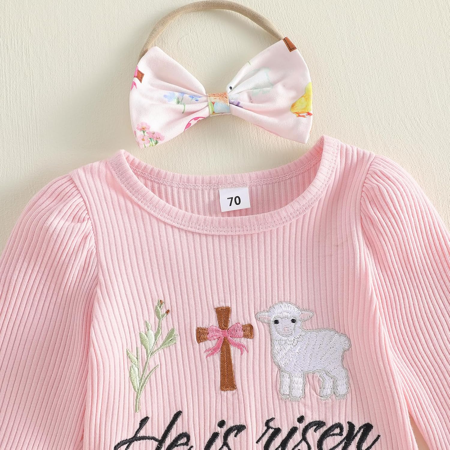 Twopumpkin My First Easter Baby Girl Outfit Newborn Infant Bunny Onesie And Bell Bottoms Ribbed Outfits With Heanband - Image 5