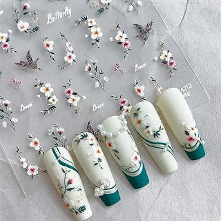 Flower Nail Stickers Summer Floral & Butterfly Nail Art Sticker Decal for Women Pink Cherry Blossoms Nail Decal Summer Nail Decoration for Acrylic Mnicure Supplies (D)