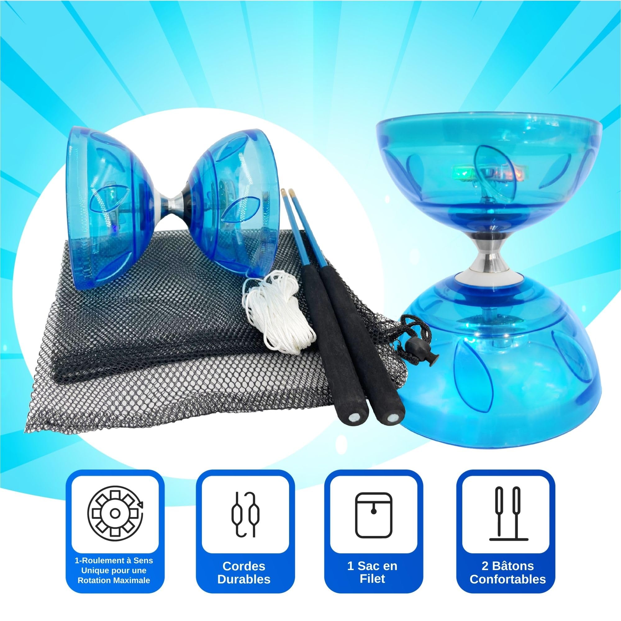 LED Diabolo Tripler Roulement à Billes Kit Jonglerie - Lumineux Diabolo pour Débutants & Professionnels | Cirque Jeu Accessoires pour Les Enfants & Les Adultes | avec Ficelle, Sac en Filet & 2 Bâtons
