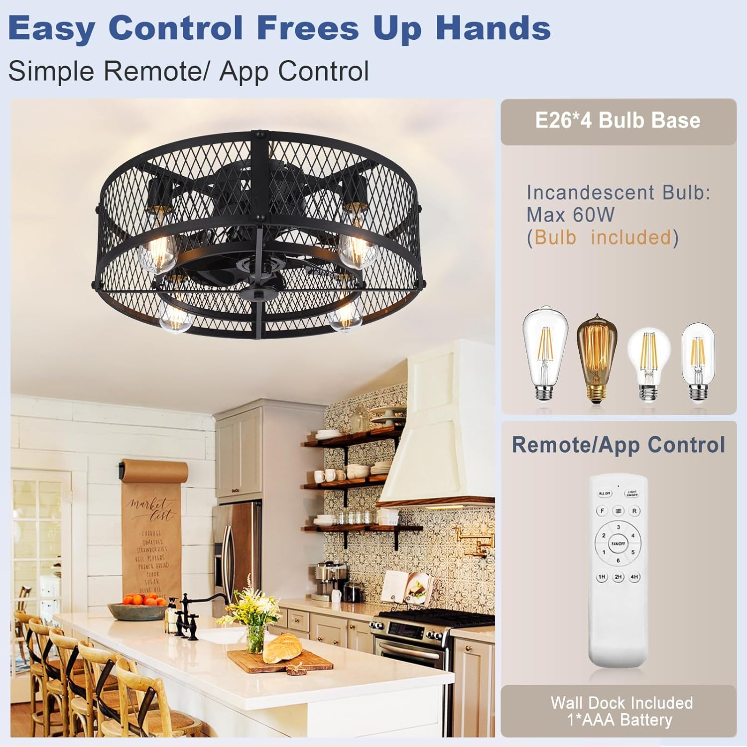 Caged Ceiling Fan with Light: 20 Inch Ceiling Fan with Remote APP Control Quiet DC Motor - Farmhouse Ceiling Fans for Rustic Kitchen Bedroom (E26 Bulbs Included)