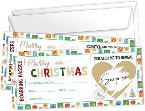 Christmas Boarding Pass Gifts Tickets, Fake Scratch-Off Plane Tickets, Colorful Christmas Travel Reveal Surprise Cards For Couple Family, Birthday Valentines Day Date Gifts, 06