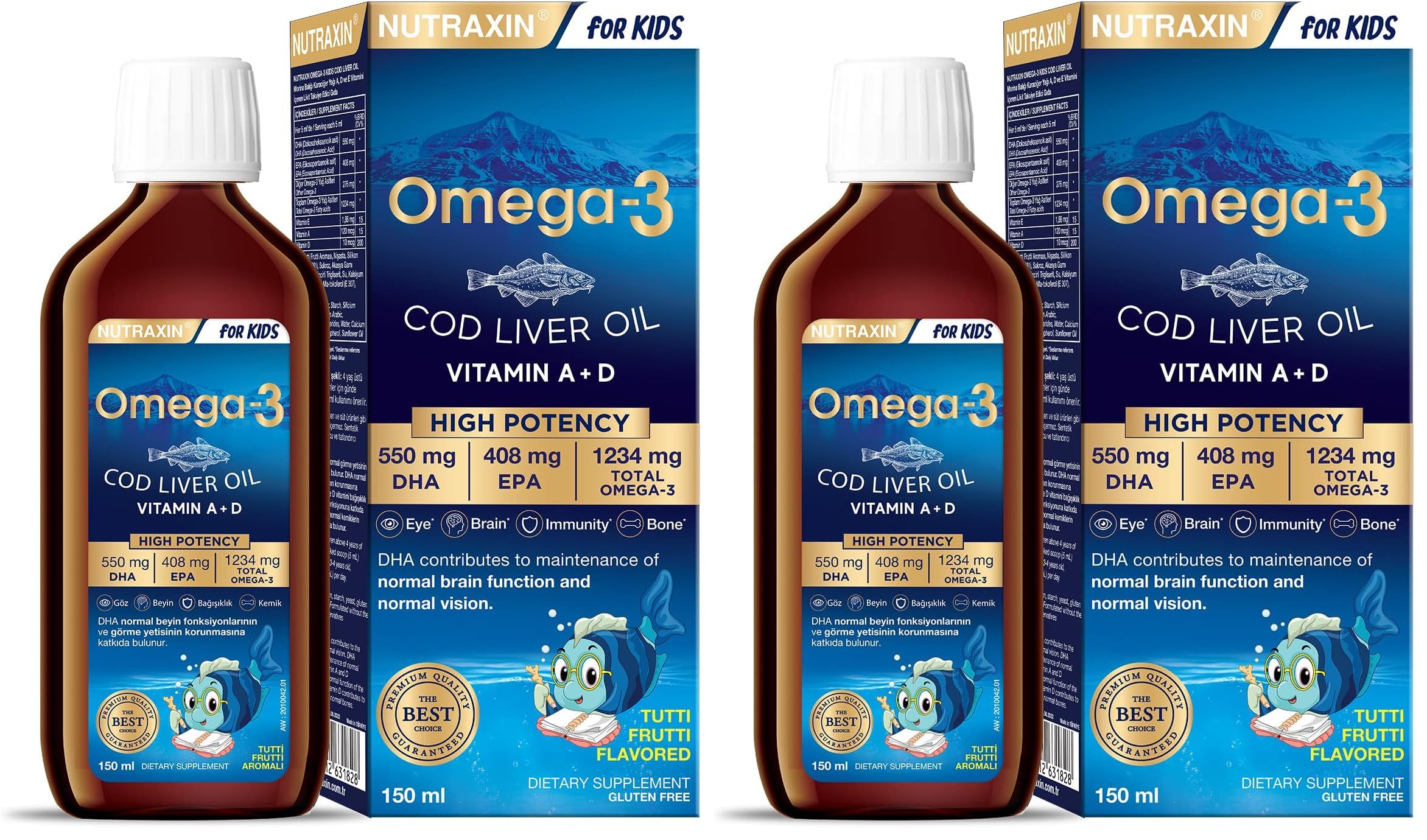 Nutraxin Omega-3 for Kids 150 ml – Çocuklar İçin Balık Yağı Şurubu, Yüksek DHA ve EPA, Portakal Aromalı (2 paketi)