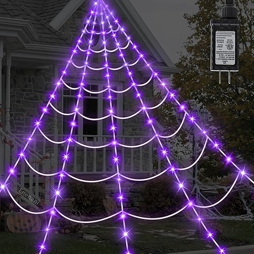 Luces de telaraña para decoración de Halloween al aire libre de 16.4 pies de telaraña gigante, decoración iluminada, 135 luces LED moradas para