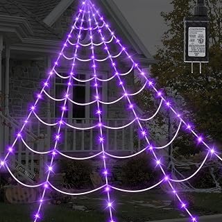 Spider Web Lights Halloween Decorations Outdoor 16.4FT Giant Spiderweb Lighted Decor 135 Purple LED Light Up Outside House Yard Garden Porch Tree Party Large Huge Big Fake Triangular Cobweb Decorative