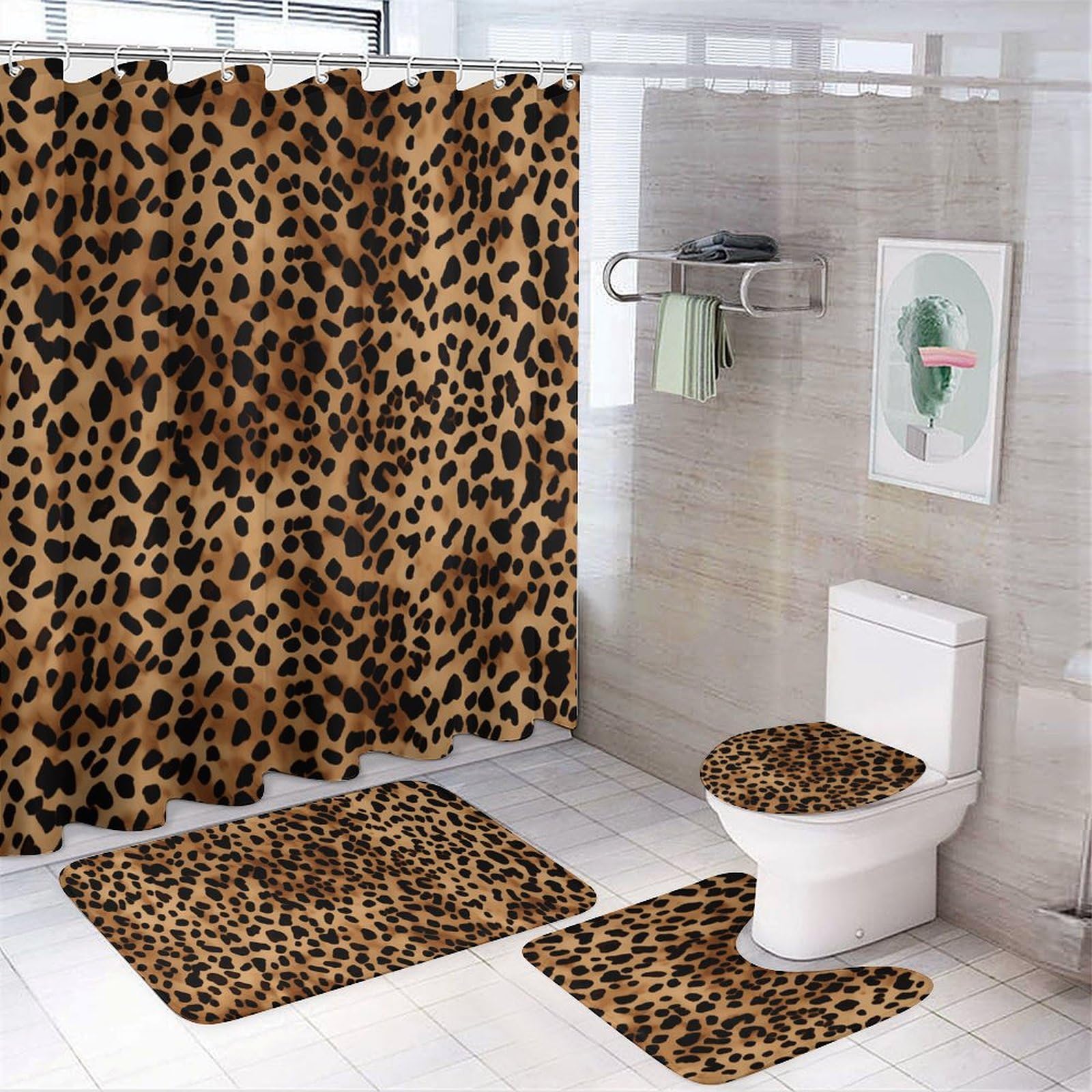 Tapis en polaire corail et papier peint léopard pour salle de bain - Ensemble 4 pièces