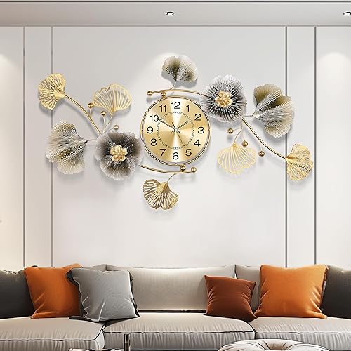 Miniatura 9 de Relojes de pared para decoración de sala de estar, reloj de pared grande, diseño creativo 3D de hoja de ginkgo de metal, con movimiento silencioso,
