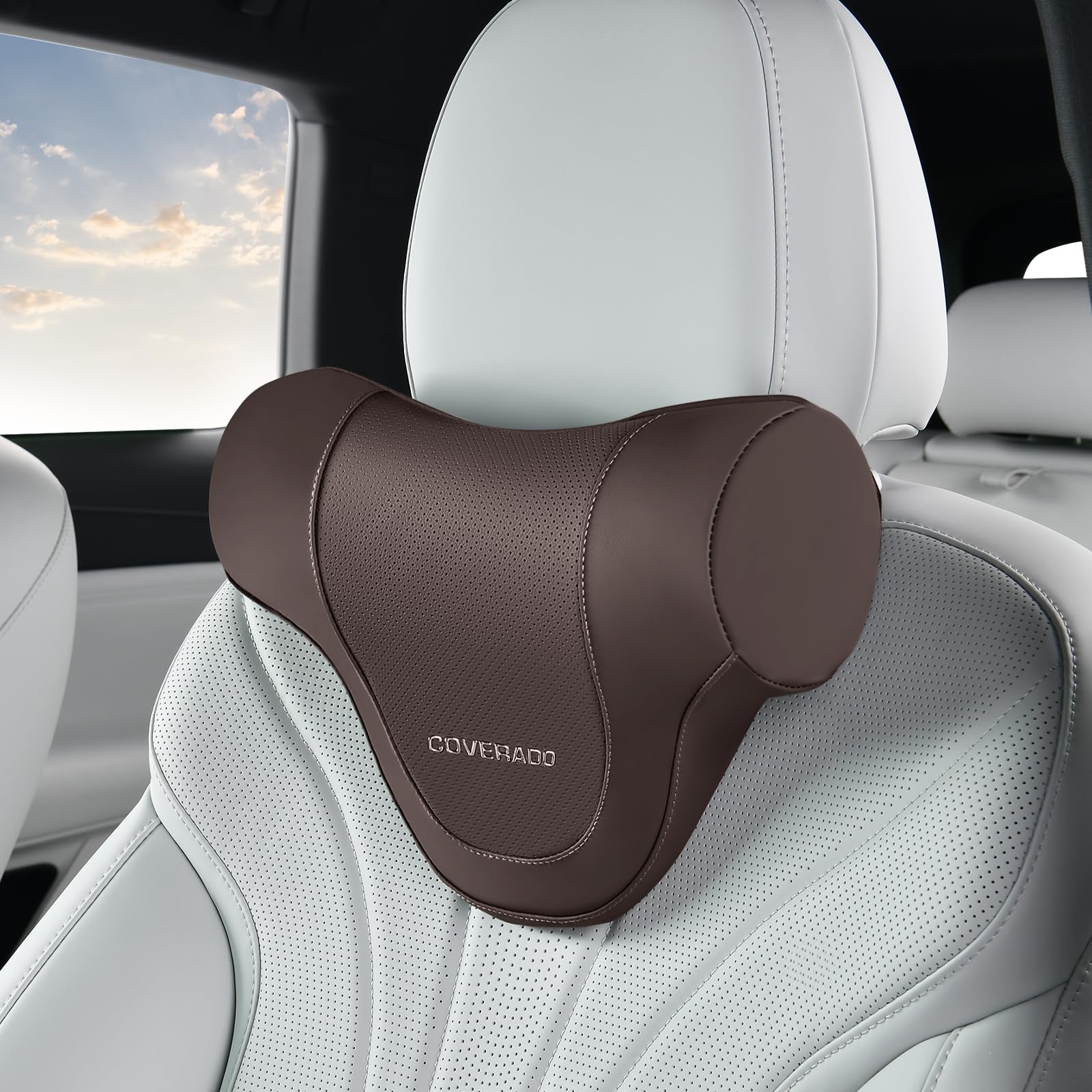 Coverado Car Headrest Pillow, Ergonomic Memory Foam Car Neck Pillow for Driving Seat with Adjustable Strap, Soft PU Leather Breathable Removable Cover Neck Support for Neck Pain Relief