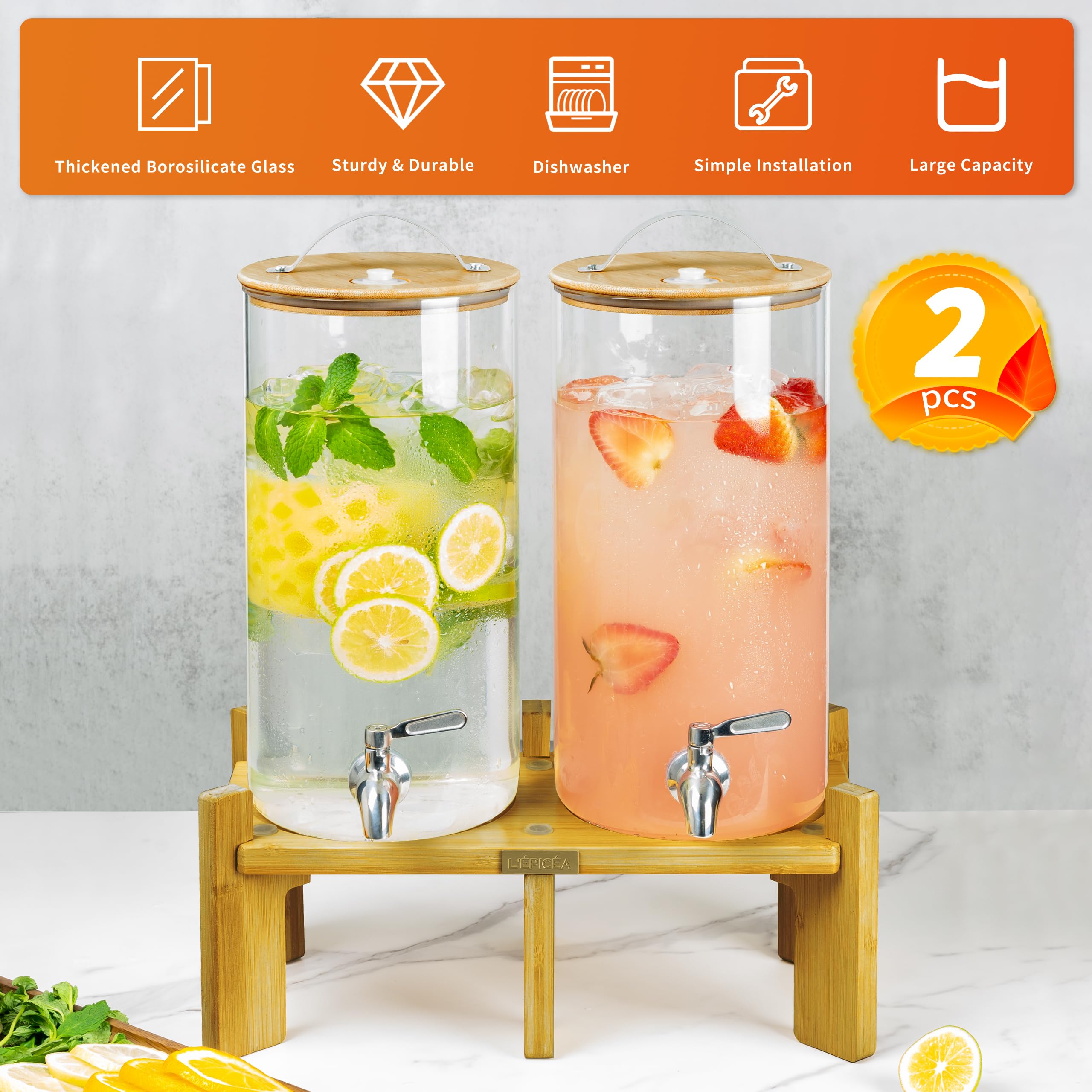 L'ÉPICÉA 1.5 Gallon Drink Dispenser for Parties 2 Pack, Beverage Dispenser Set of 2, Glass Drink Dispenser with Wood Stand, Large Drink Dispenser with Stainless Steel Spigot 100% Leakproof, Wood Lid.