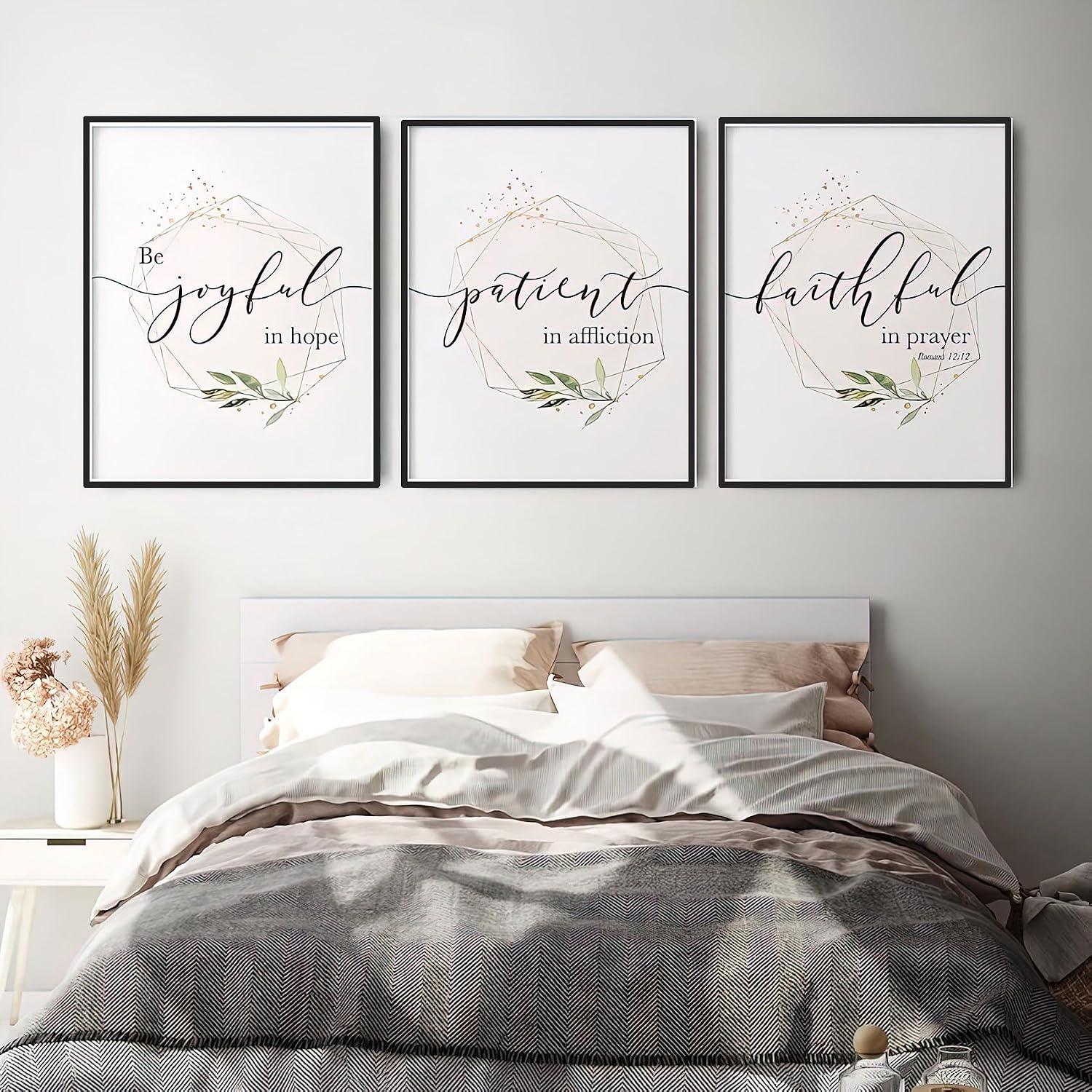LEYIARTT Inspirational Bible Verse Typography Wall Art Canvas Prints Set of 3 - Geometric Gold Pink Christian Poster Pictures for Living Room Home Office Decor