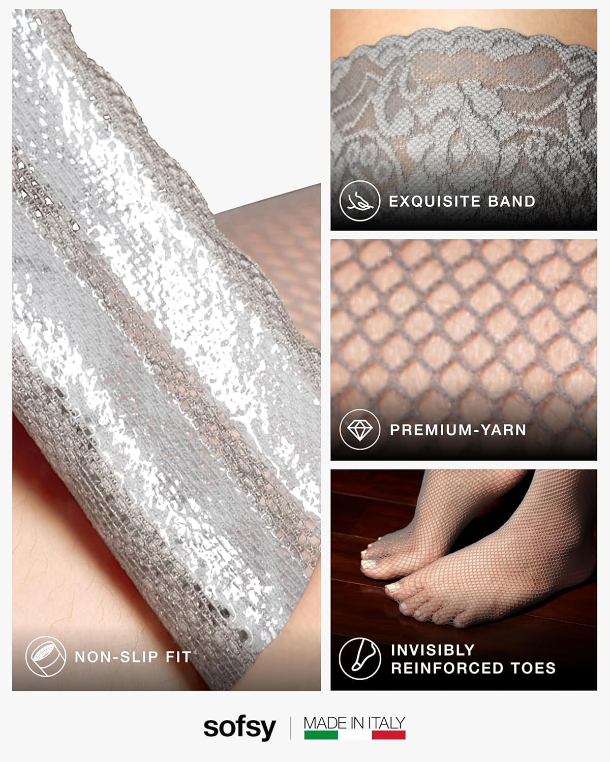 sofsy 10-Year Hosiery Craftsmanship - Italian-Made Fishnet Stockings for Women | Soft Dual Silicone Lace Top Thigh Highs - Image 4
