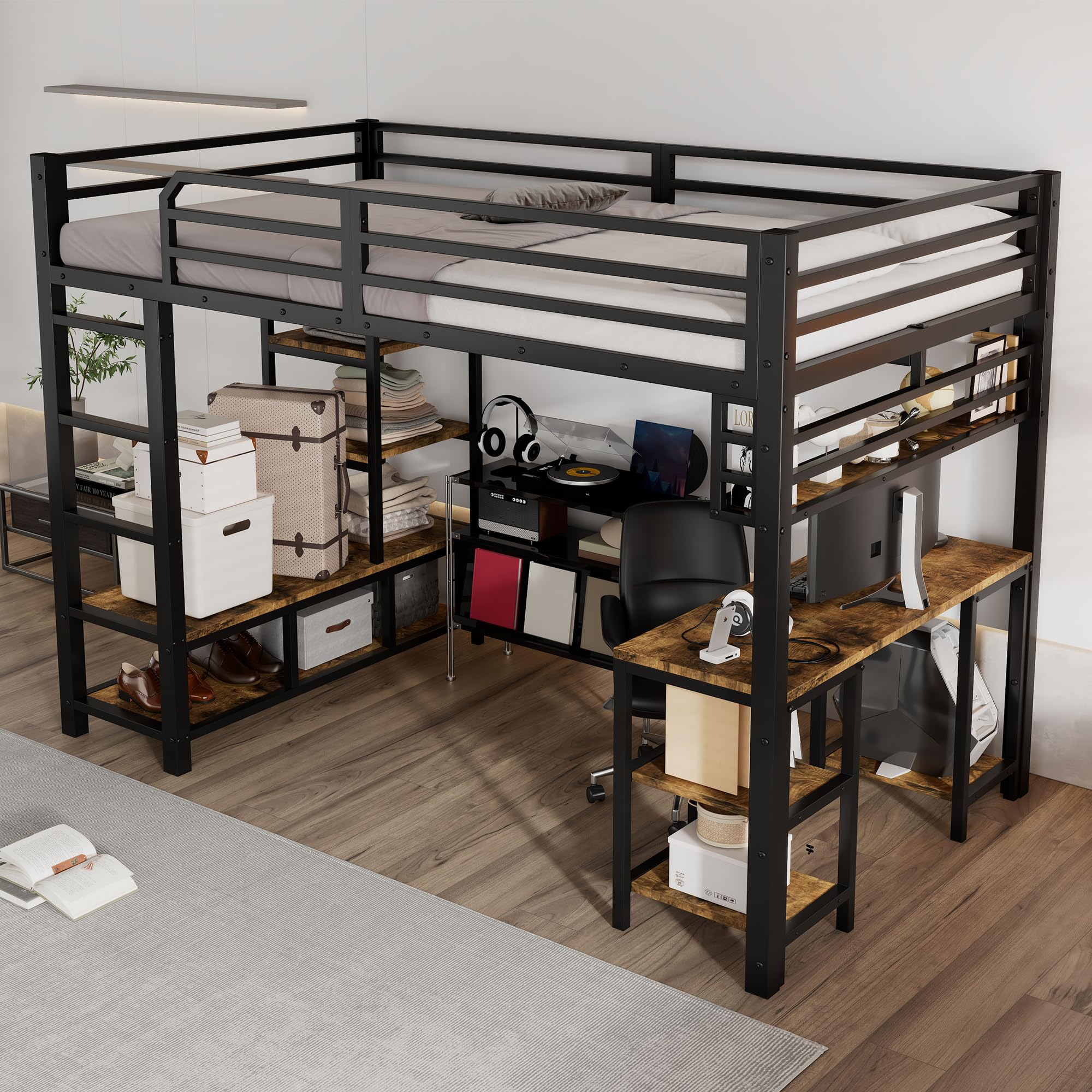 Cama alta de metal, 120 x 200 cm, con escritorio y estante, cuna con barandilla de seguridad y escalera de 4 niveles, marco de hierro estable (negro y oscuro A)