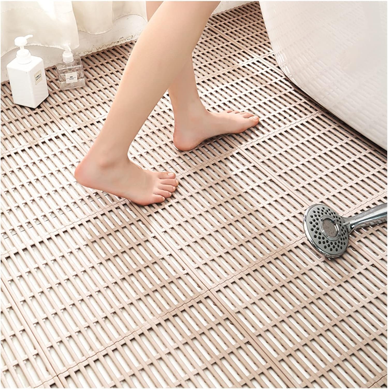 BHGFYXBS Shower Bath Mat, Tpe Non-Slip Shower Pedal Mat With Drainage Holes, Bathroom Toilet Swimming Pool Diy Floor Mat,Beige-4pcs-30x30cm