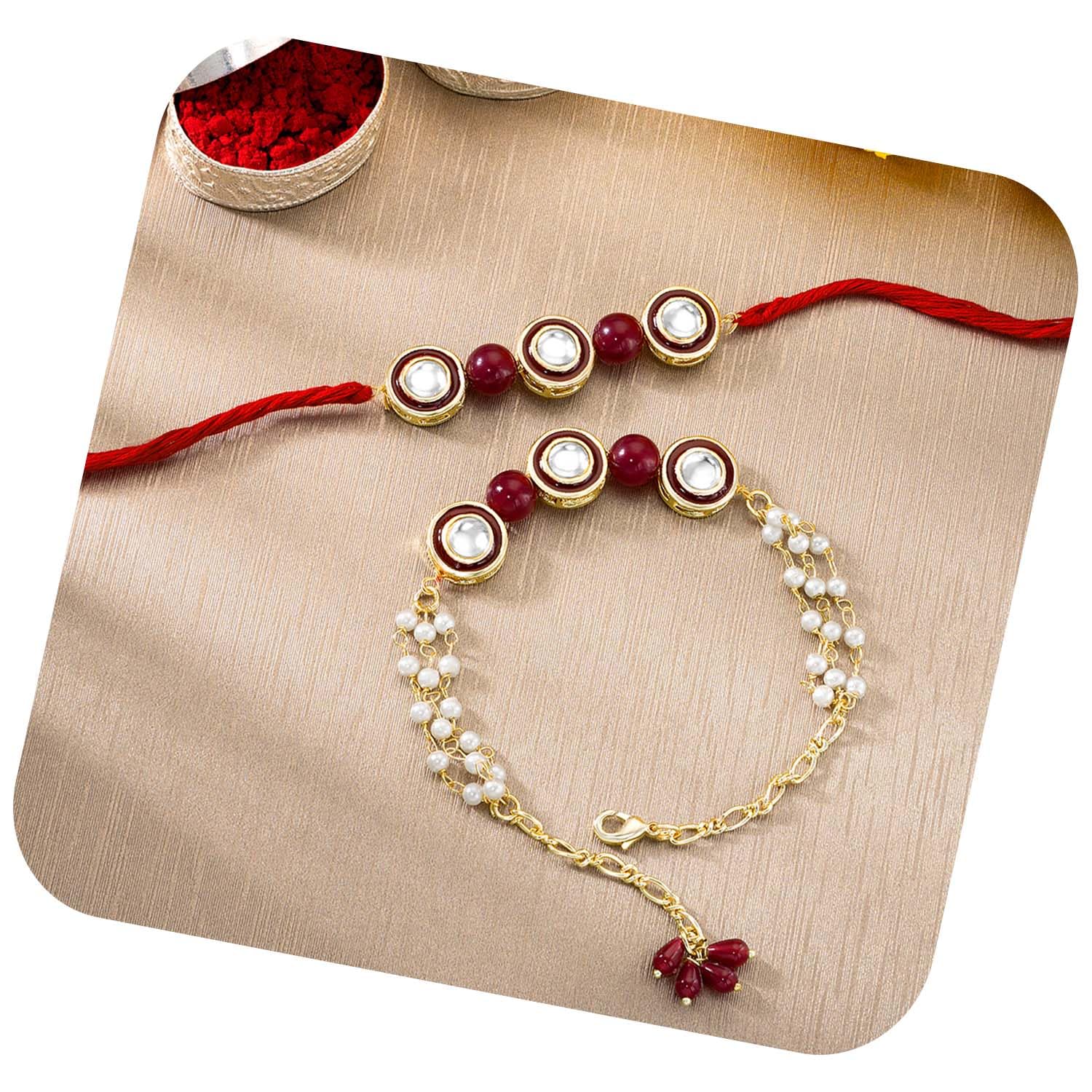 peora Gold Plated Rakhshabandhan Combo Lumba & Rakhi for Brother & Bhabhi | Crystal & Pearl Studded | Rakhi Hamper Roli Chawal Greeting Card | Pack of 2-picture-27