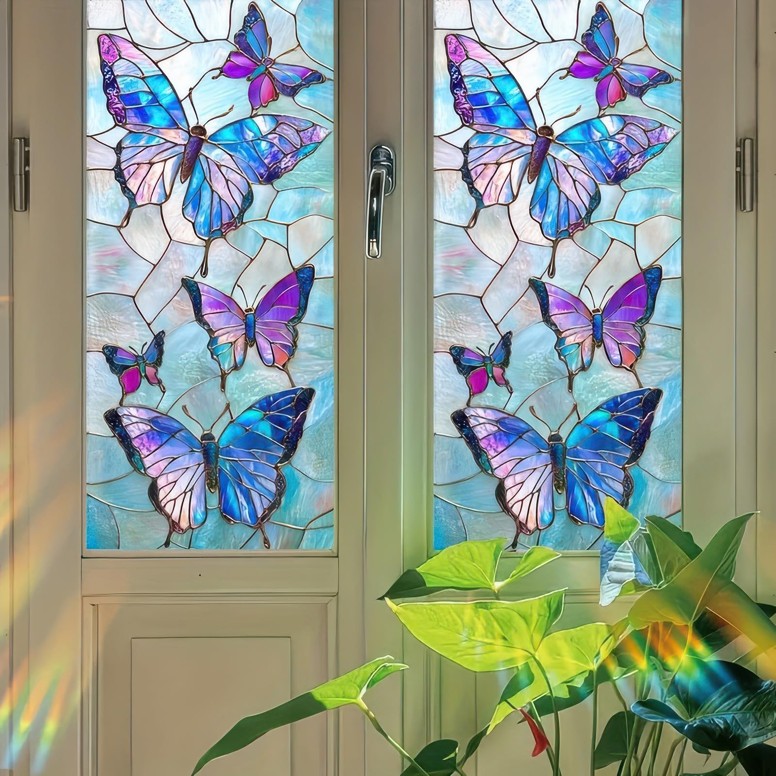 Stained Glass Butterfly Window Film Floral Window Privacy Film Glass Privacy Decals Living Room Sun Blocking Decor Removable Static Cling Stickers 17.71x39.97 inch