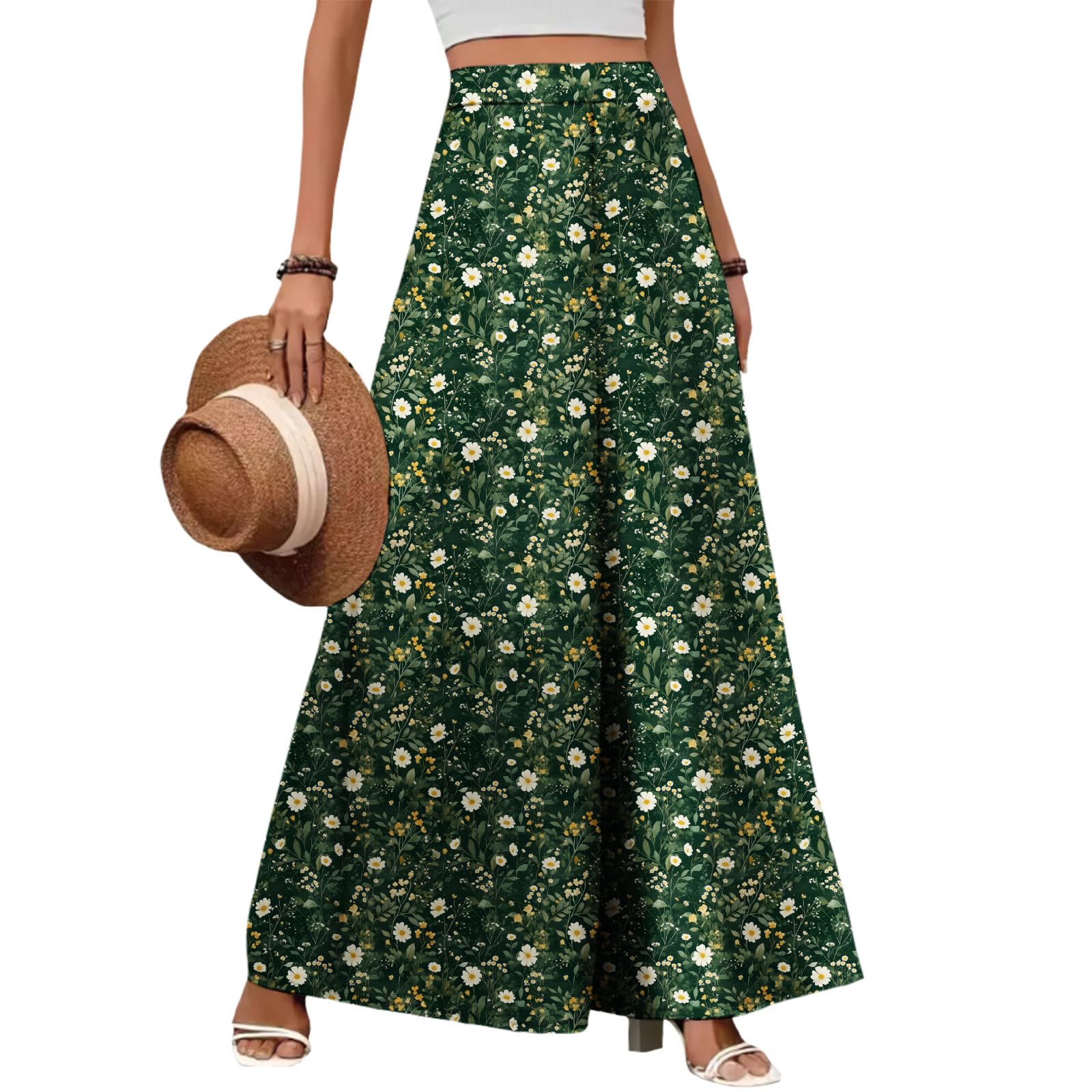 Womens New Bohemian Style Floral Printed Wide Leg Pants Summer High Waist Loose Casual Beach Vacation Pant