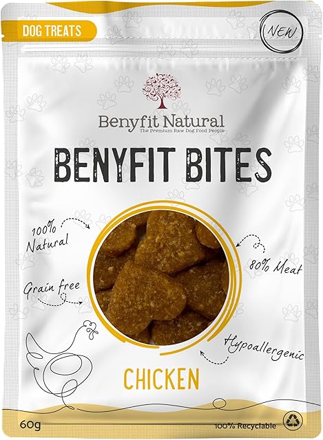 Benyfit Natural Chicken Dog Treats Bites, Grain Free Dog Treats, Natural Dog Treats for Small & Large Dogs, Dog Training Treats, Puppy Treats from 8 Weeks, 60g