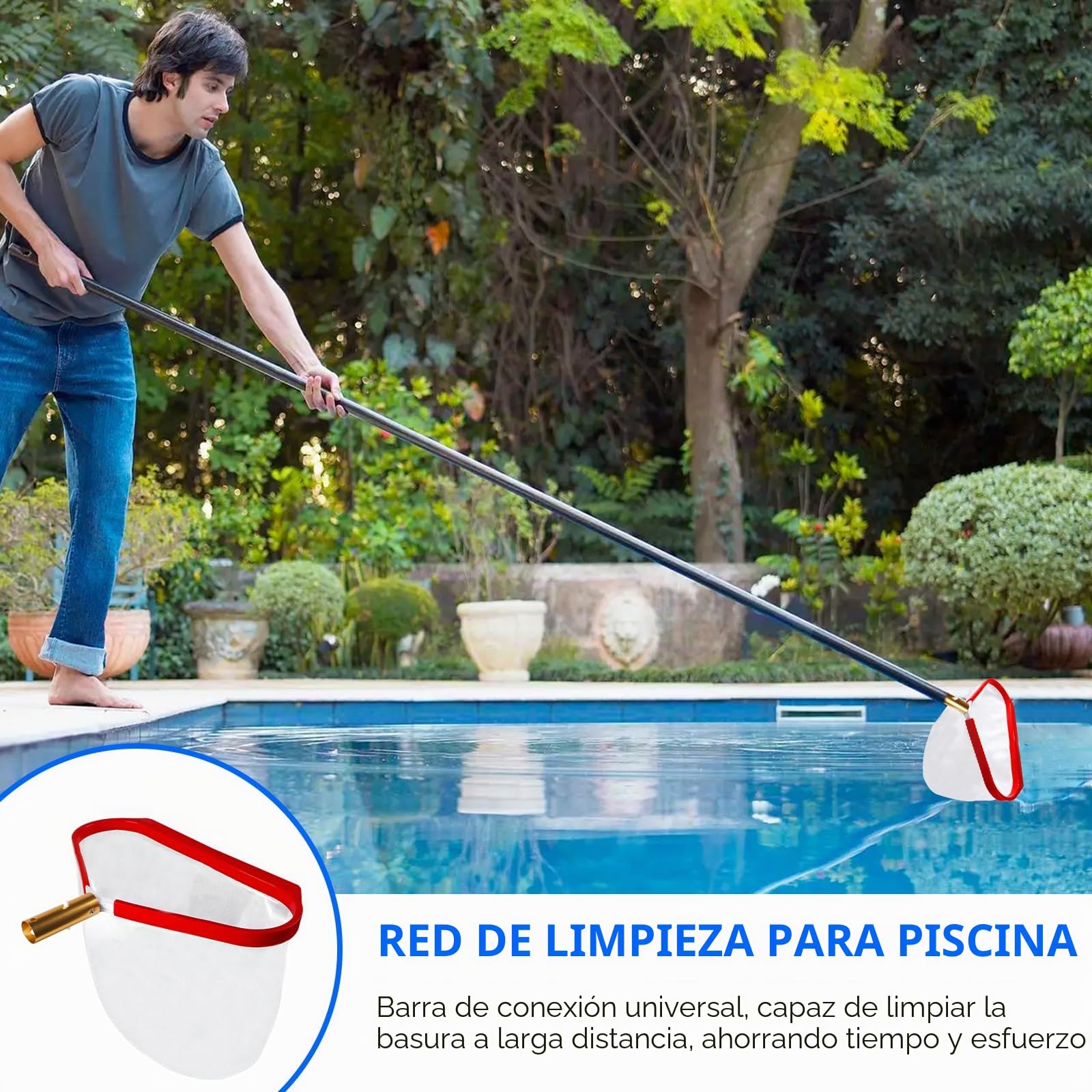 Recogedor para Piscina Red de Malla Fina para Algas Rastrillo de Superficie para Piscina, Red de Limpieza con Marco de Aluminio Rojo para Estanque, Piscina, Parque Acuático, Fuente (Sin Mango)