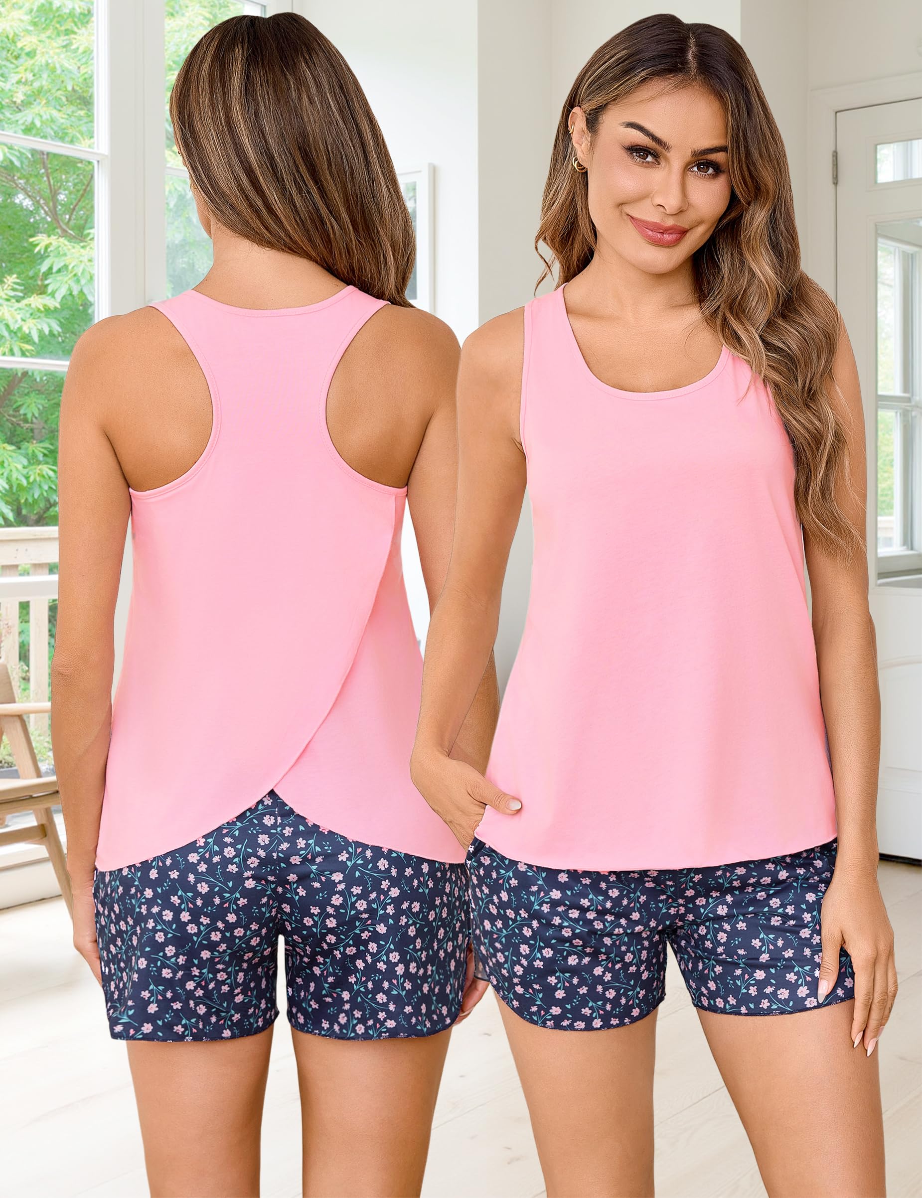 Litherday Ensembles de Pyjama Femme Short Ete sans Manches 2 Pièces Vêtements De Nuit avec Gilet et Short Pyjama Sets Confortable Doux Respirant