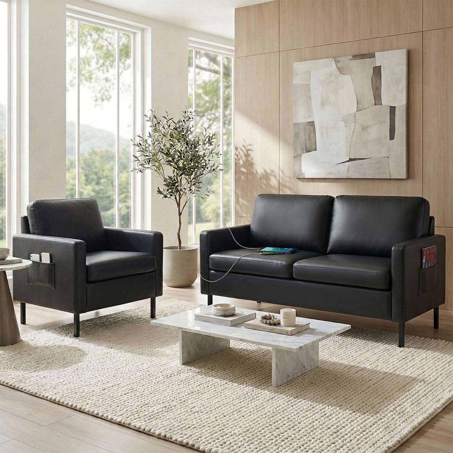 STHOUYN Modern 2 Piece Faux Leather Couch and Chair Set, 56 Inch, USB Ports