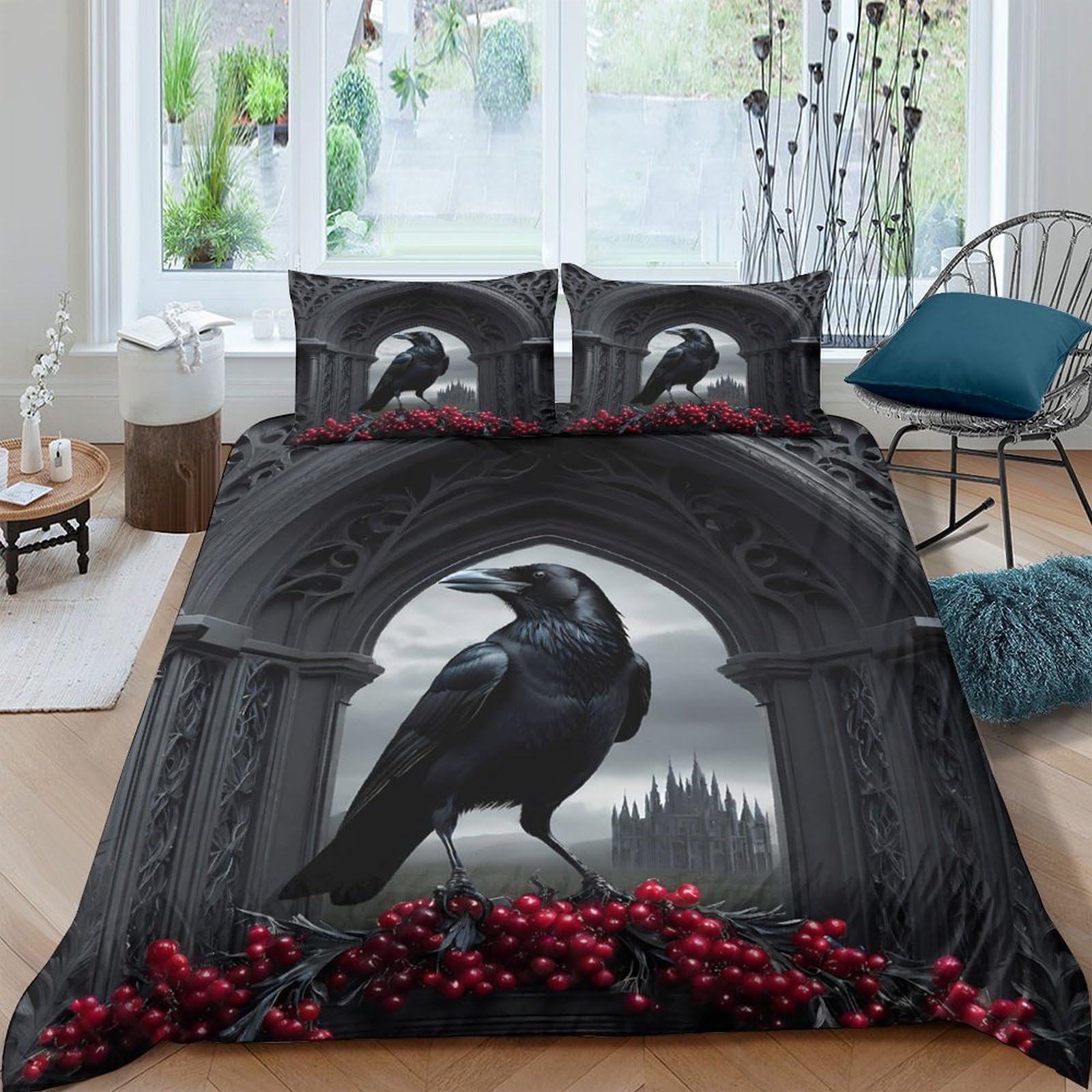 Ctjqhvkz Style-9 3D Printed Gothic Raven Fitted Sheet Microfiber Soft Black Arch Mattress Cover For Bedroom Dorm Room Decor Single（135X200cm）