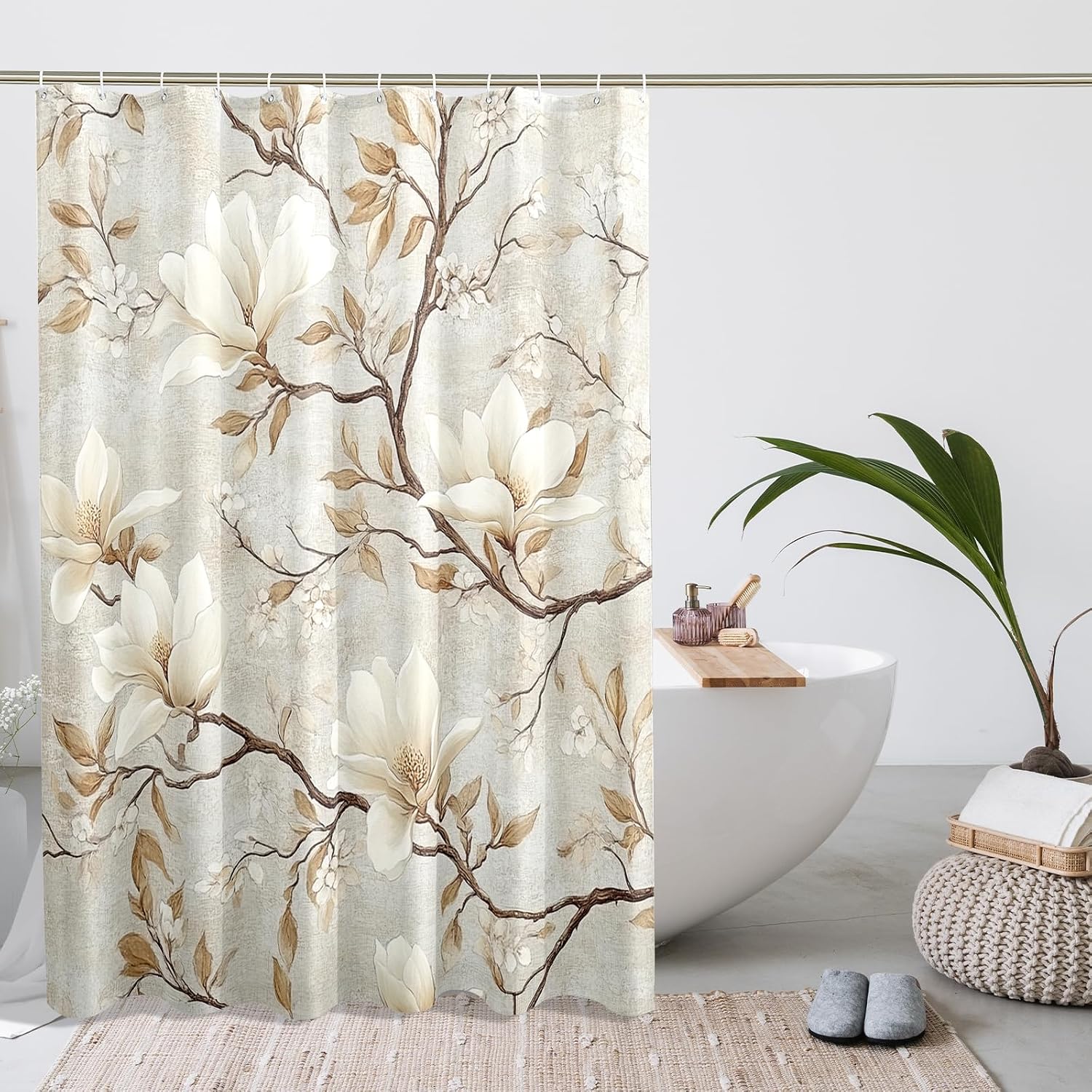 Vintage Style Magnolia Shower Curtain, Farmhouse Flower Shower Curtains for Bathroom, Spring Floral Print Bath Decor Accessories Set -72 Inch